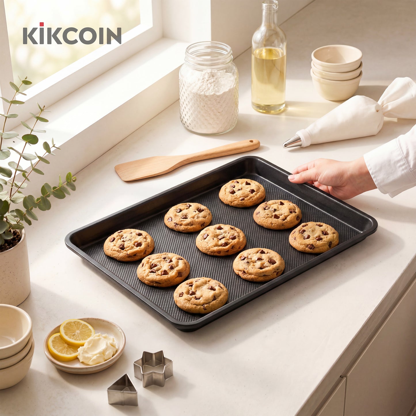 Kikcoin 3-Piece Nonstick Baking Sheets, Carbon Steel Cookie Sheet Set with Diamond Texture, Heavy Duty Baking Pans for Oven, Black