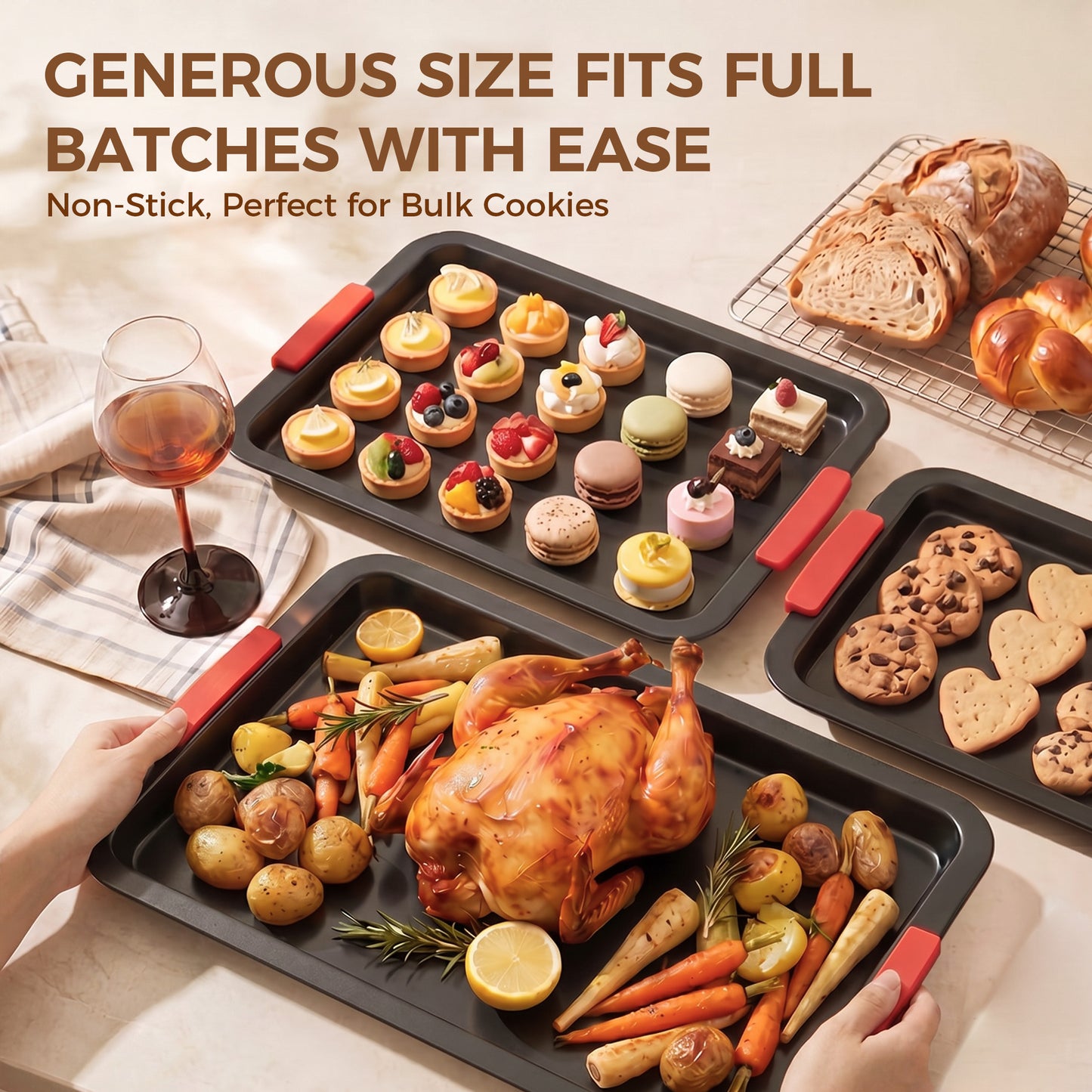 Kikcoin Cookie Sheet Pan, 4-Piece Non-stick Cupcake Pan Set with Cooling Rack, Carbon Steel Baking Set with Silicone Handles, Black