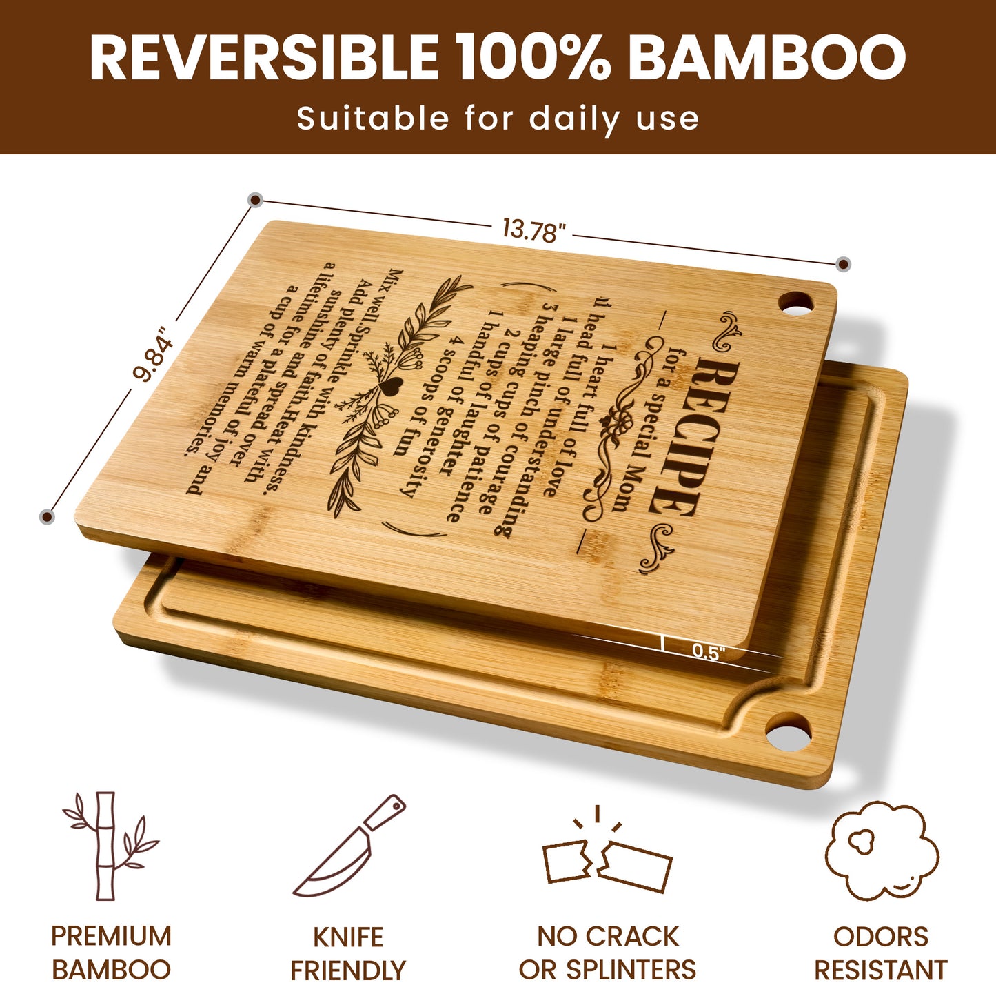 Kikcoin Cutting Board, 13.8" Engraved Gift for Mom, Bamboo Chopping Board for Kitchen, Mother's Day, Thanksgiving, Christmas Gift – Recipe for a Special Mom