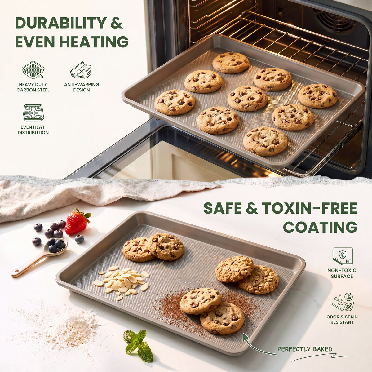 Kikcoin 3-Piece Nonstick Baking Sheets, Carbon Steel Cookie Sheet Set with Textured Surface, Heavy Duty Baking Pans for Oven, Champagne Gold