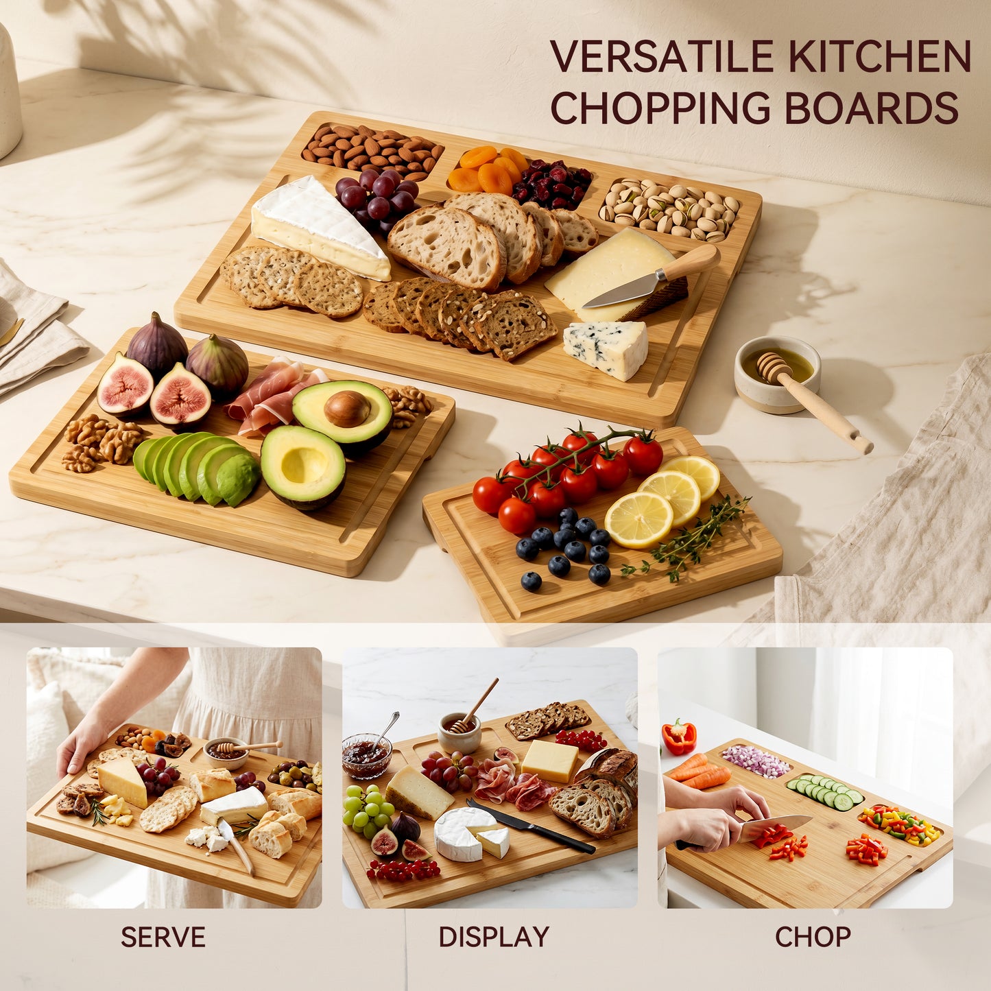 Kikcoin Cutting Board, 4-Piece Bamboo Wood Chopping Boards with Rack, Wooden Charcuterie Board for Kitchen