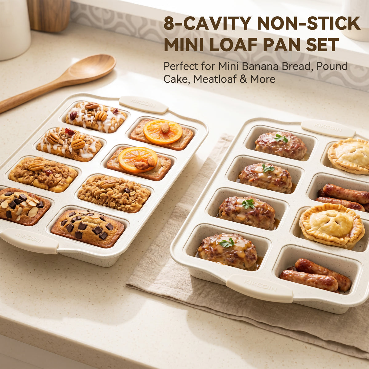 Kikcoin 2-Piece Mini Loaf Pans, 8-Cavity Non-Stick Baking Bread Molds, Oven Safe Bakeware for Cake & Pastry Making, Beige