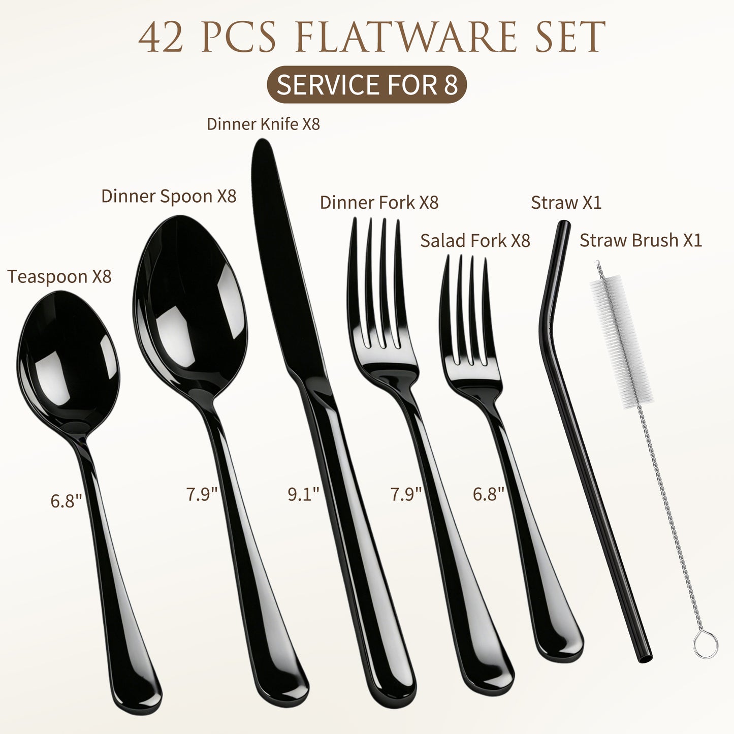 Kikcoin 42 Pcs Silverware Set for 8, Stainless Steel Flatware Set, Mirror-Polished Spoons, Forks and Knife Set, Cutlery Utensils Set for Kitchen, Wedding and Restaurant, Black