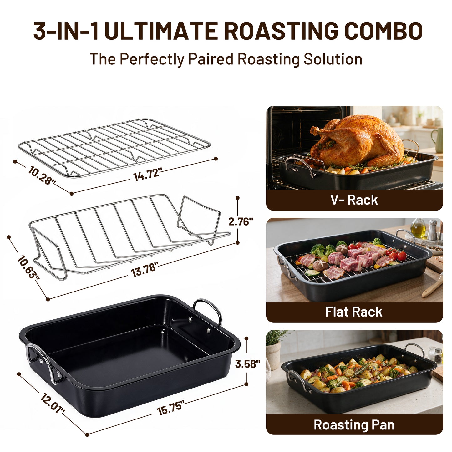 Kikcoin 3-Piece Turkey Roasting Pan Set with Racks, 15.75"x12" Nonstick Heavy Duty Baking Pan, Turkey Roaster with Handles, Black