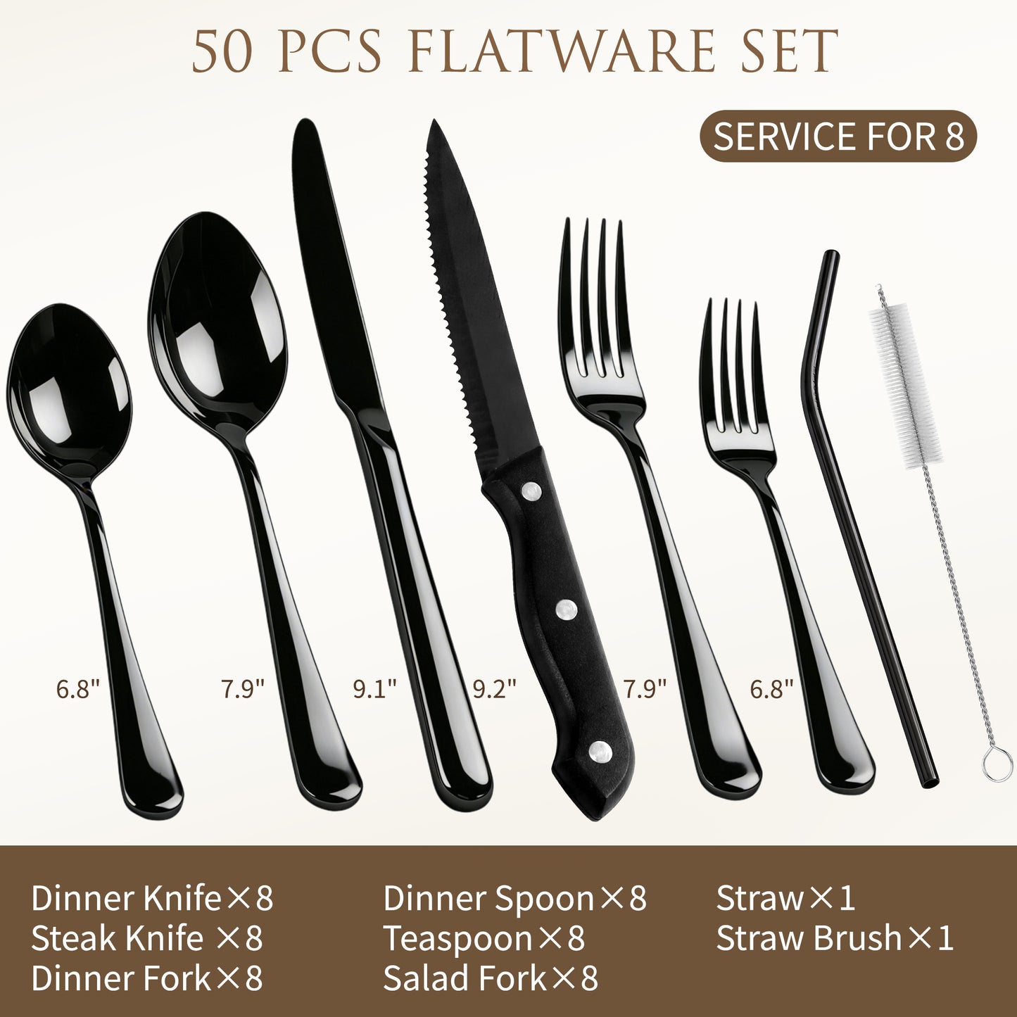 Kikcoin 50 Pcs Silverware Set for 8, Stainless Steel Flatware Set, Mirror-Polished Fork Knife Set, Cutlery Utensils Set for Kitchen, Steak Knife Included, Black