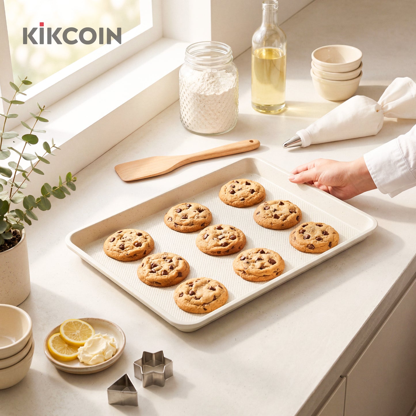 Kikcoin 3-Piece Nonstick Baking Sheets, Carbon Steel Cookie Sheet Set with Diamond Texture, Heavy Duty Baking Pans for Oven, Beige
