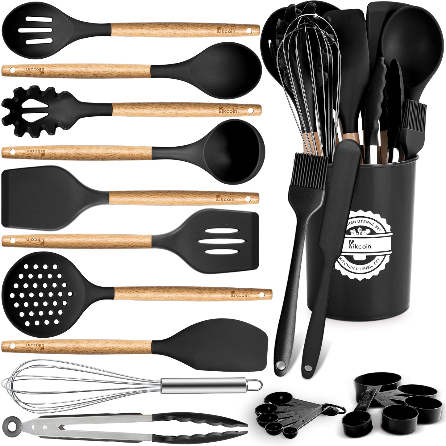 Kikcoin 23 PCS Kitchen Utensil Set, Wooden Handle Silicone Cooking Utensils with Holder, Heat resistant Spatula Set for Non-stick Cookware, Black