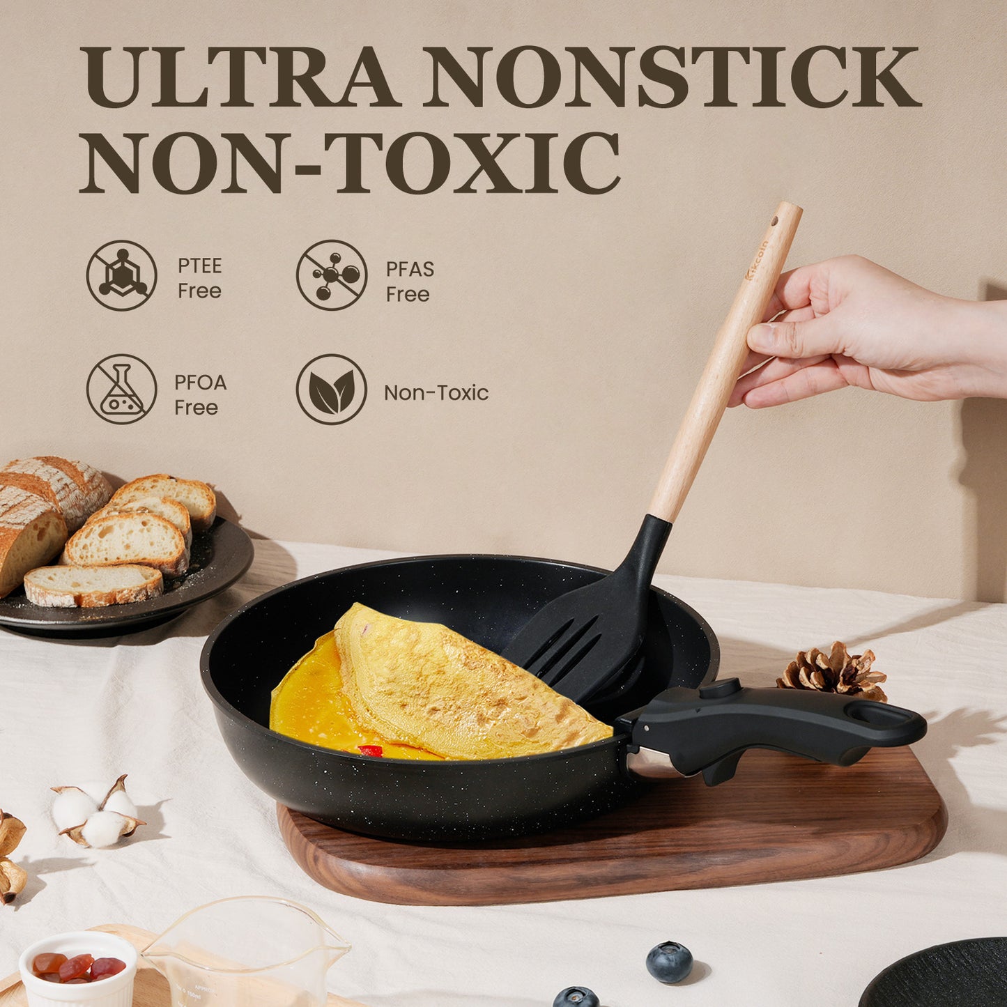 KIKCOIN 24-Piece Nonstick Pots and Pans Set, Cookware with Removable Handle Complete Cooking Set; Induction Ready, Stackable, Dishwasher & Oven Safe to 480°F, PFAS-Free; Includes Frying Pans, Egg Pan