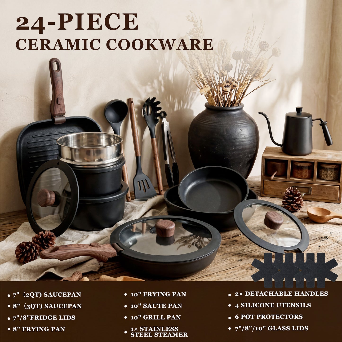 Kikcoin Pots and Pans Set, 24-Piece Ceramic Cookware Set with Detachable Handle, Stackable Pots Set for Kitchen, Induction and Dishwasher Safe, Black