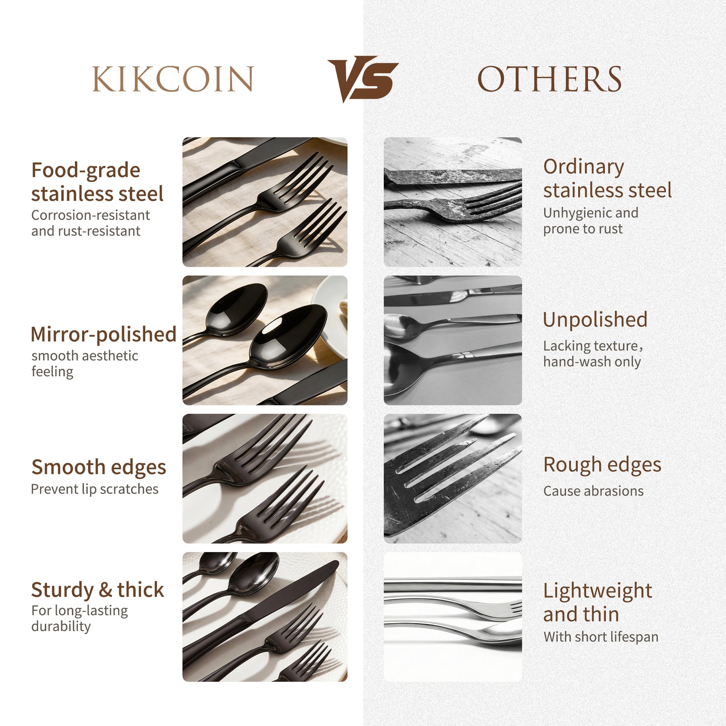 Kikcoin 50 Pcs Silverware Set for 8, Stainless Steel Flatware Set, Mirror-Polished Fork Knife Set, Cutlery Utensils Set for Kitchen, Steak Knife Included, Black