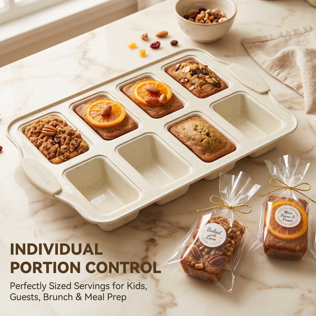 Kikcoin 2-Piece Mini Loaf Pans, 8-Cavity Non-Stick Baking Bread Molds, Oven Safe Bakeware for Cake & Pastry Making, Beige