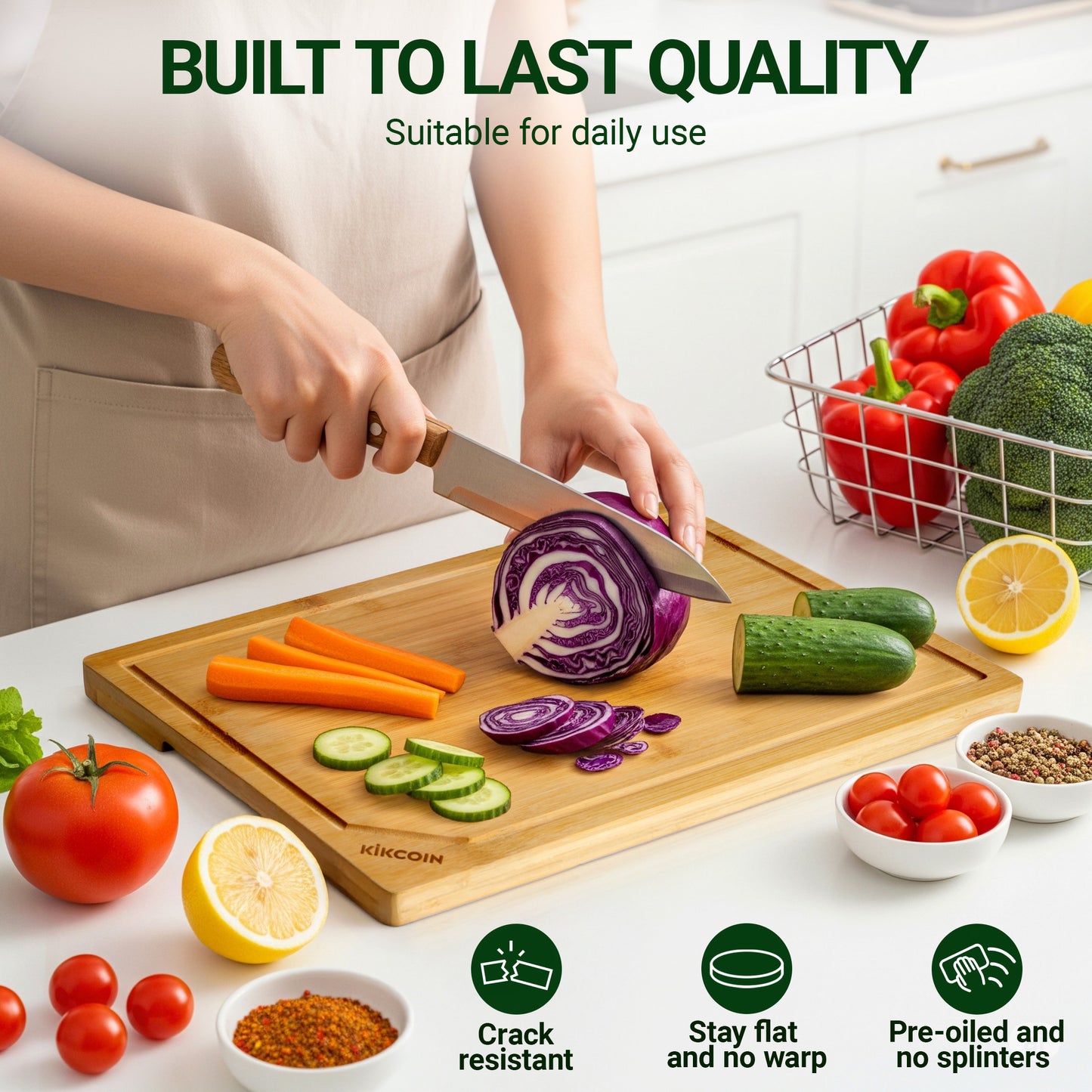 Kikcoin Bamboo Cutting Boards for Kitchen, with Deep Juice Groove and Inner Handle, 17.1" x 11.4"