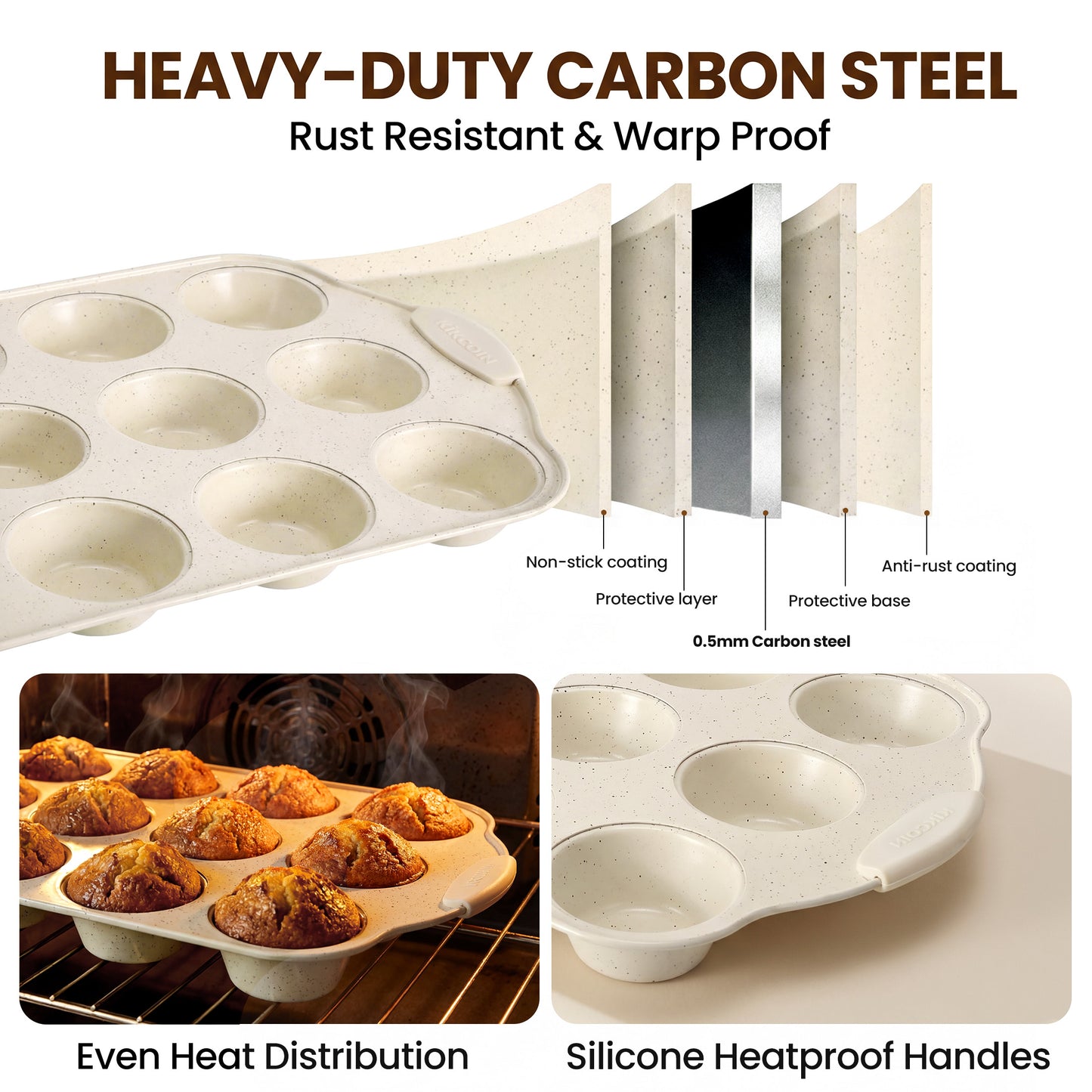 Kikcoin 2 Pack Muffin Pan Set, 12-Cup Non-stick Cupcake Pan, Carbon Steel Baking Pans Oven Safe up to 446℉