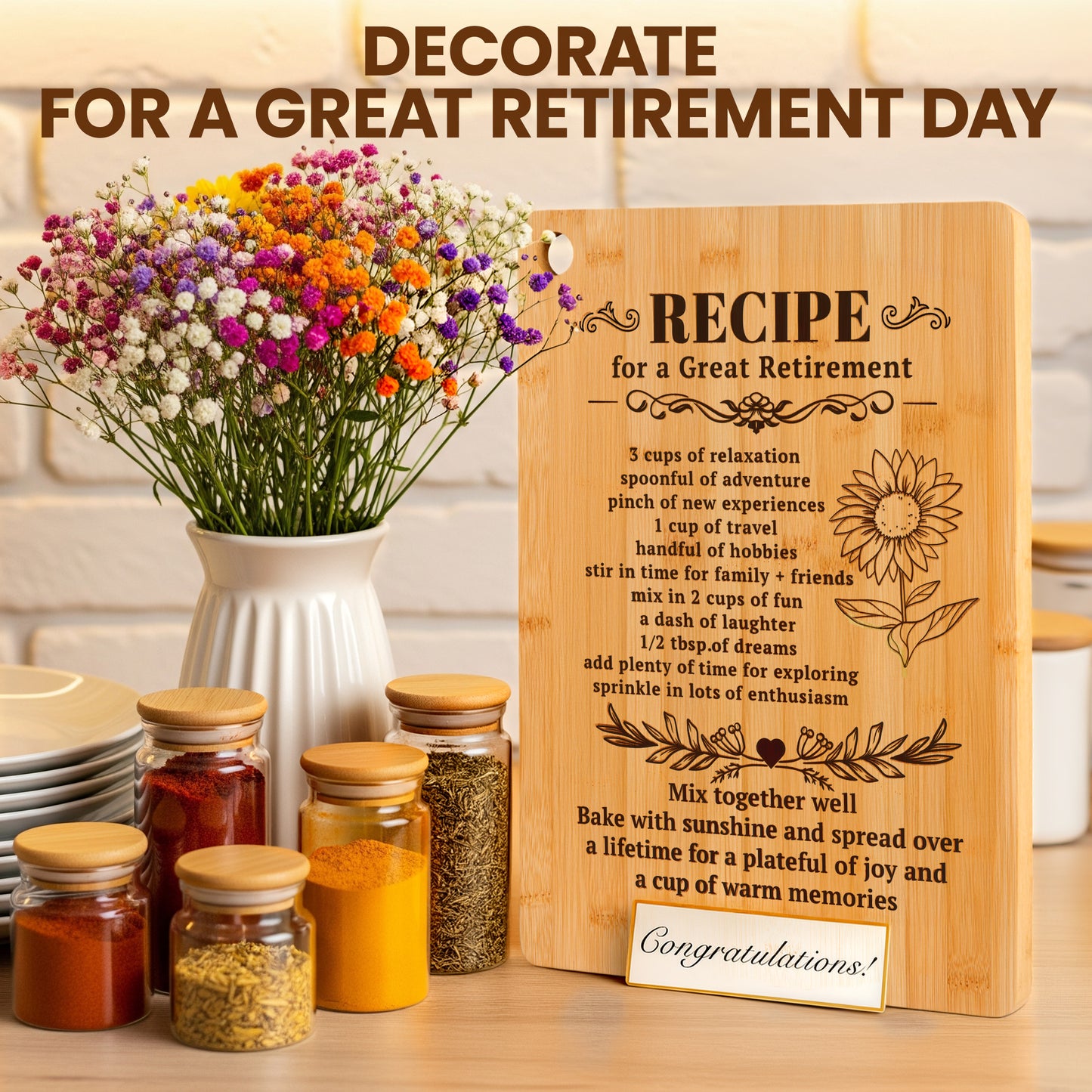 Kikcoin Bamboo Cutting Board, 13.78" Engraved Gift Cutting Board for Retirement, Thanksgiving, Christmas, Retirement Gifts - Recipe for a Great Retirement