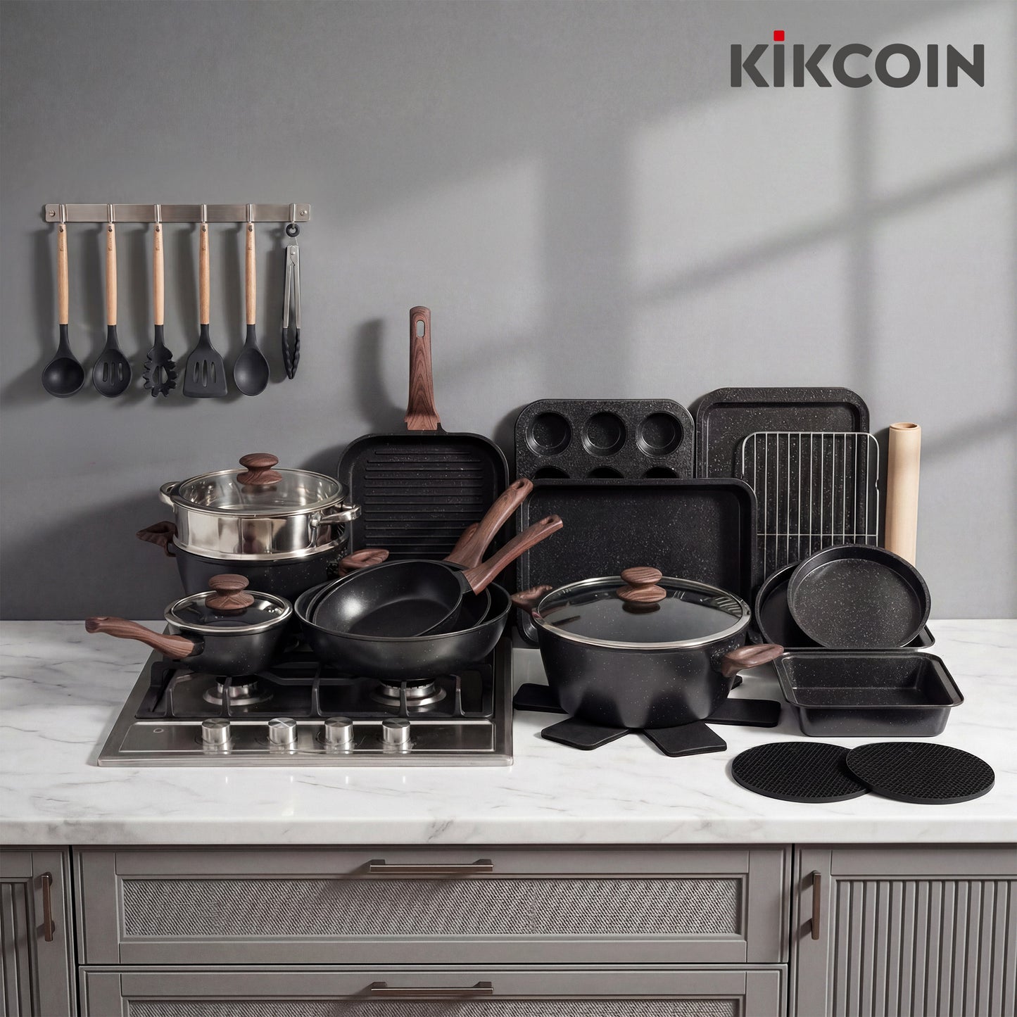 Kikcoin 34-Piece Pots and Pans Set, Dishwasher-Safe Non Stick Pots and Pans with Utensils, Premium Bakeware and Cookware Set for Kitchen, Black