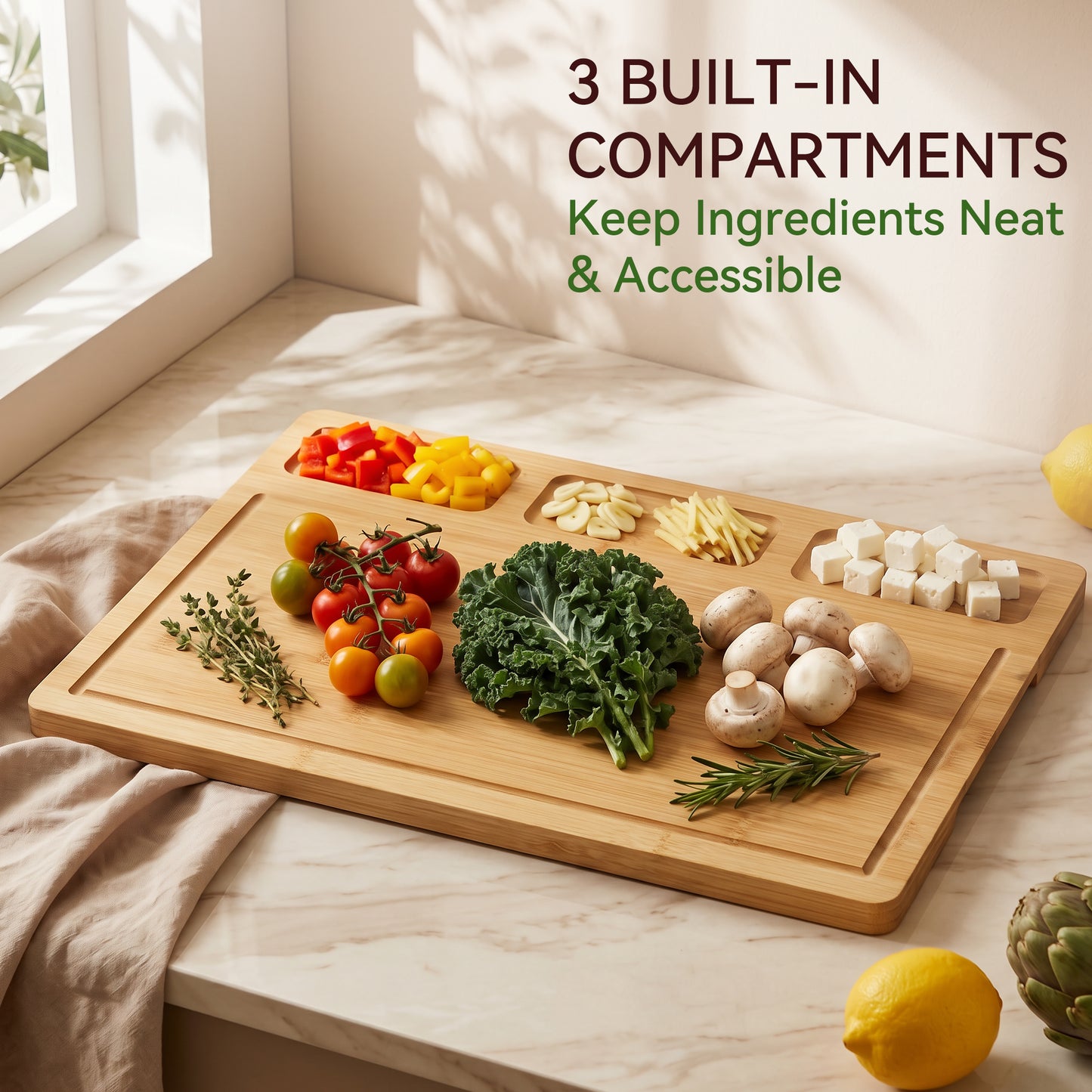 Kikcoin Cutting Board, 4-Piece Bamboo Wood Chopping Boards with Rack, Wooden Charcuterie Board for Kitchen