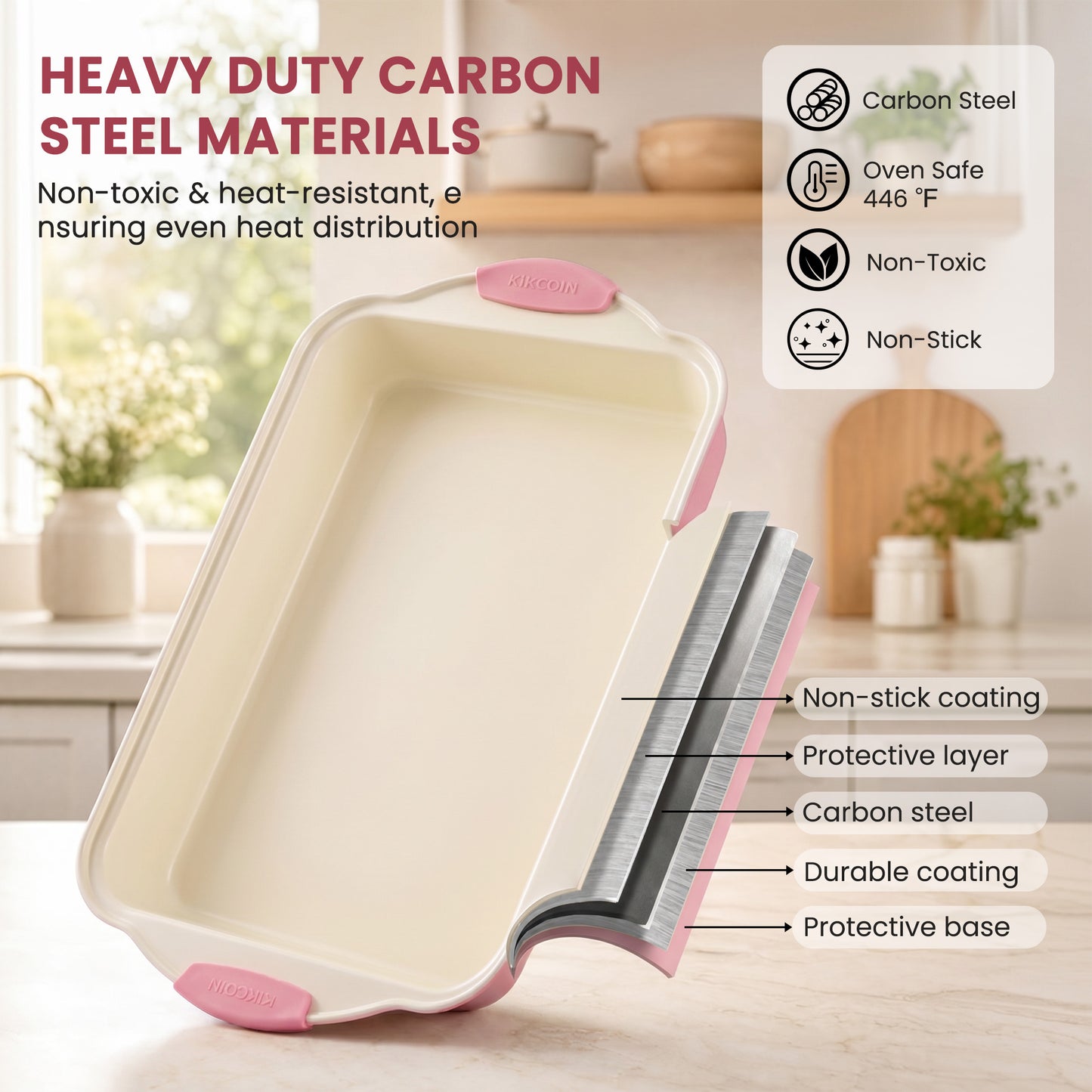 Kikcoin Bakeware Set, 23-Piece Baking Pans Set Kitchen Carbon Steel Baking Sheet Pans with Silicone Handles, Cookie Sheets Nonstick(Pink)