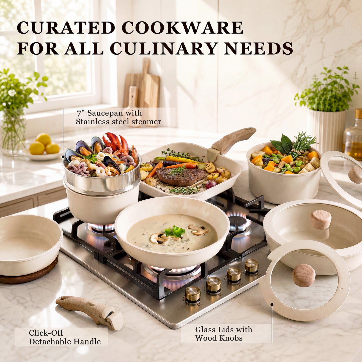 Kikcoin Pots and Pans Set, 24-Piece Ceramic Cookware Set with Detachable Handle, Stackable Pots Set for Kitchen, Induction and Dishwasher Safe, Beige