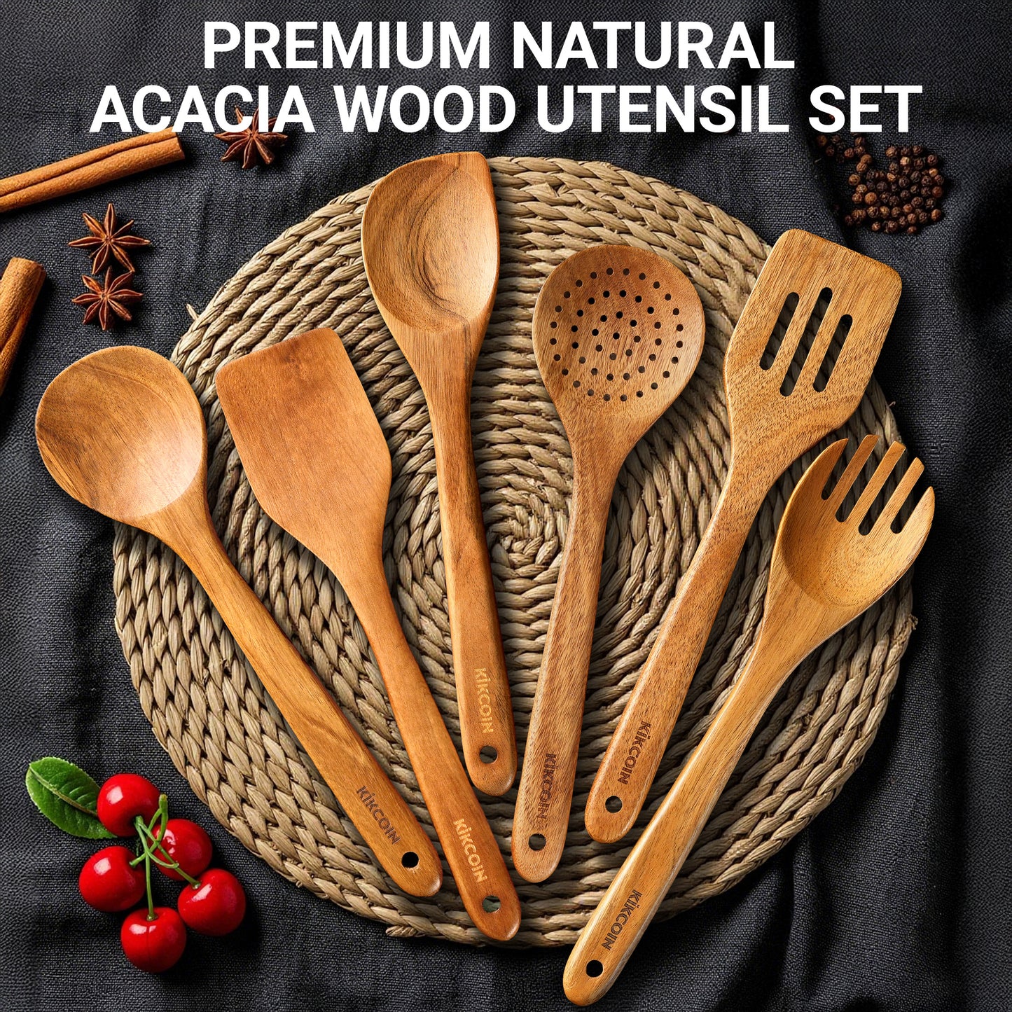 Kikcoin Wooden Cooking Utensil Set, 12 Pcs Acacia Wood Spoons for Cooking, Kitchen Utensils Set for Nonstick Pots, 6 Hooks Included, Heat Resistant