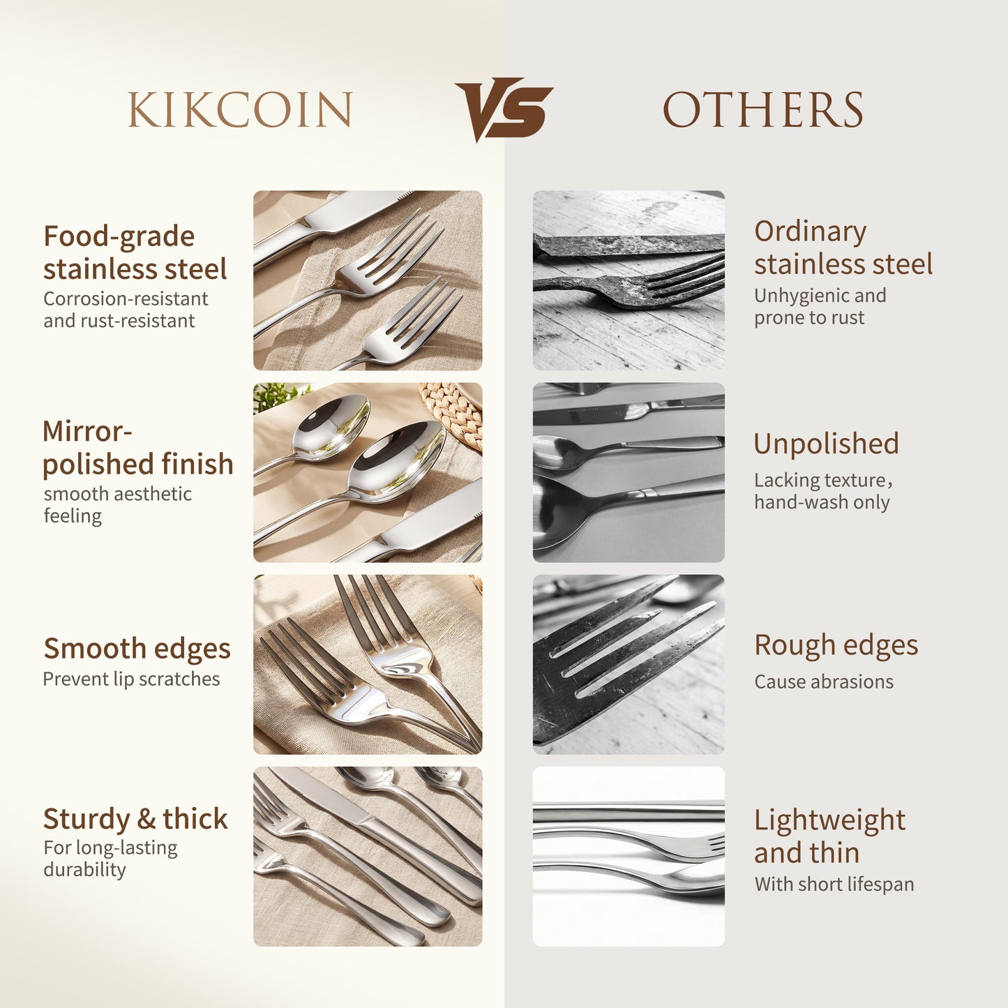 Kikcoin Silverware Set for 8, 49 Pcs Stainless Steel Flatware Set, Mirror Polished Tableware Cutlery for Home, Restaurant, Dishwasher Safe