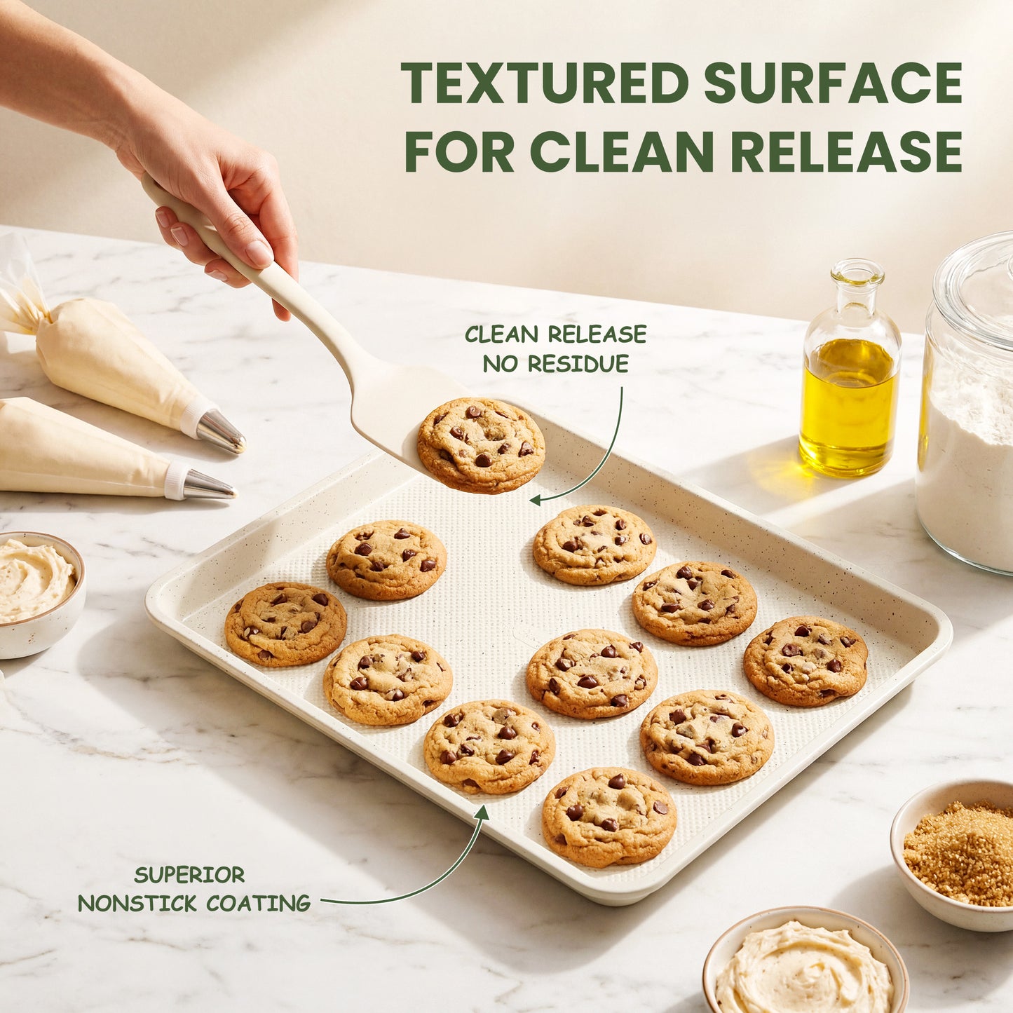 Kikcoin 3-Piece Nonstick Baking Sheets, Carbon Steel Cookie Sheet Set with Diamond Texture, Heavy Duty Baking Pans for Oven, Beige