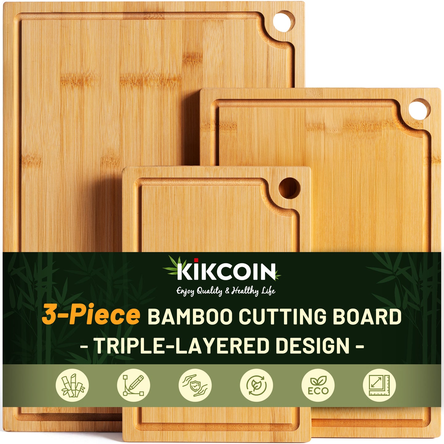 Kikcoin Bamboo Cutting Board, 3 Pcs Cutting Board with 3 Hooks, Wood Chopping Boards for Kitchen, Deep Juice Groove for Vegetables and Meat