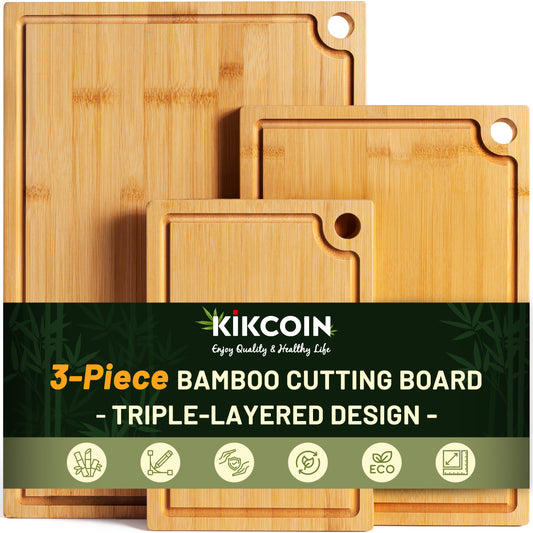 Kikcoin Bamboo Cutting Board, 3 Pcs Cutting Board with 3 Hooks, Wood Chopping Boards for Kitchen, Deep Juice Groove for Vegetables and Meat