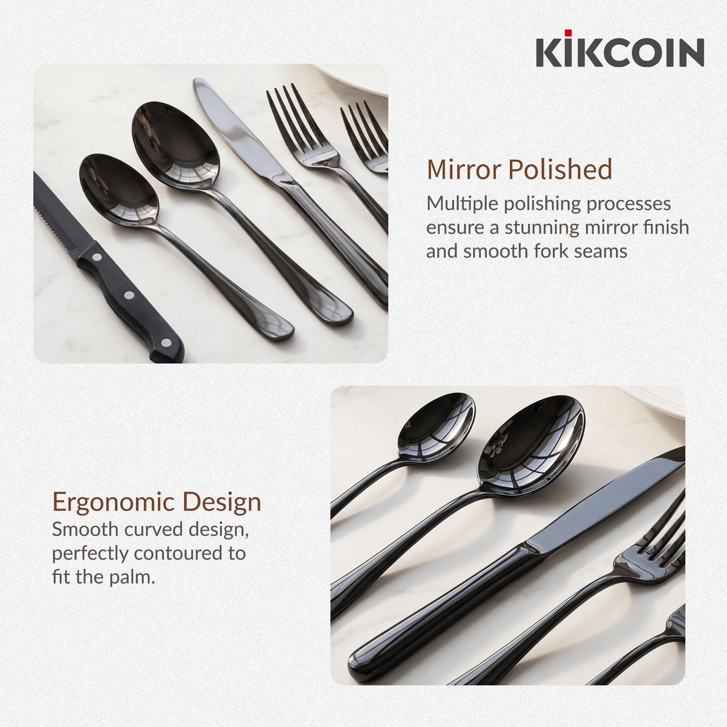 Kikcoin 50 Pcs Silverware Set for 8, Stainless Steel Flatware Set, Mirror-Polished Fork Knife Set, Cutlery Utensils Set for Kitchen, Steak Knife Included, Black