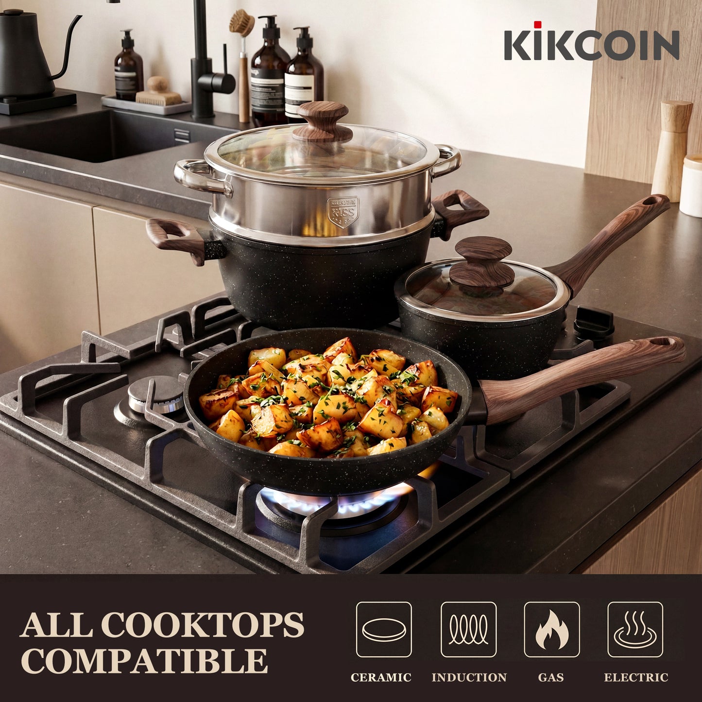 Kikcoin 34-Piece Pots and Pans Set, Dishwasher-Safe Non Stick Pots and Pans with Utensils, Premium Bakeware and Cookware Set for Kitchen, Black
