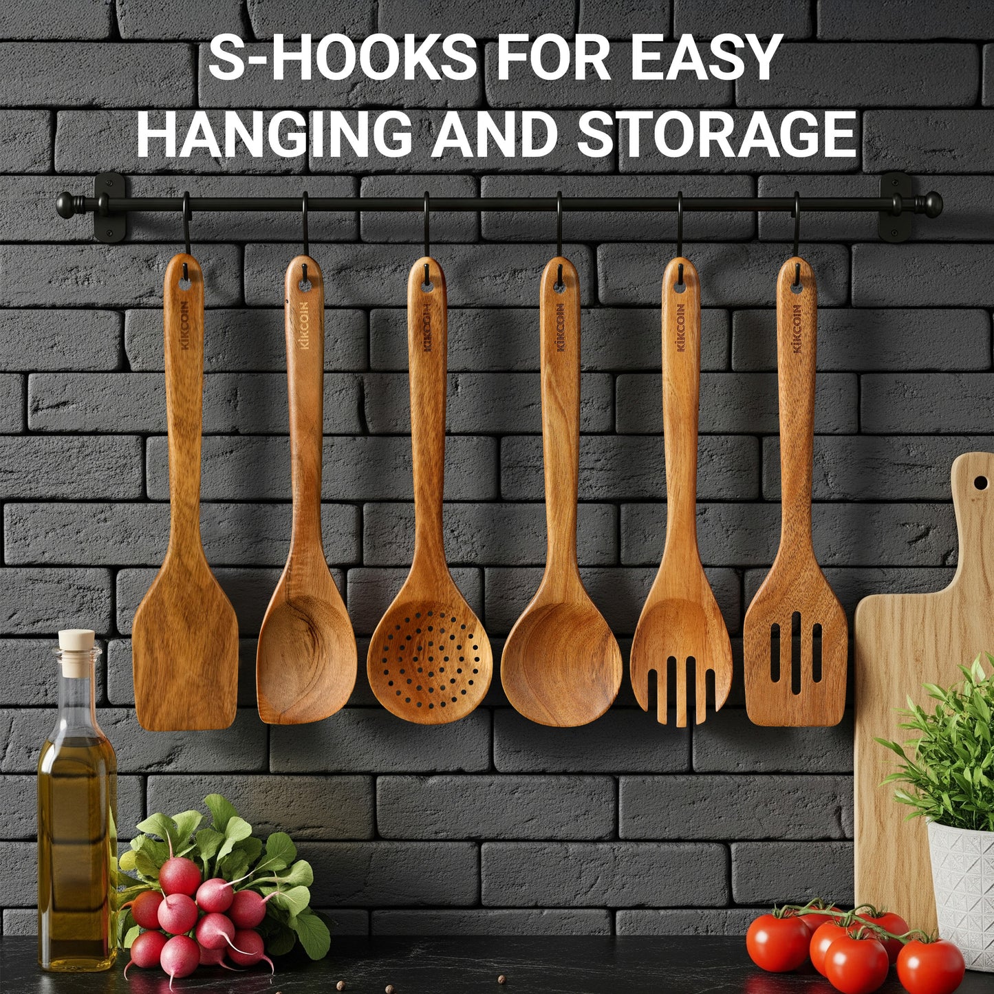 Kikcoin Wooden Cooking Utensil Set, 12 Pcs Acacia Wood Spoons for Cooking, Kitchen Utensils Set for Nonstick Pots, 6 Hooks Included, Heat Resistant