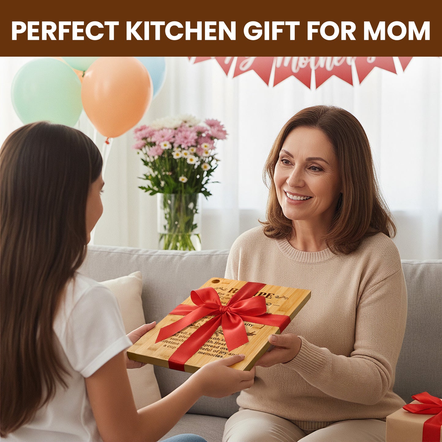 Kikcoin Cutting Board, 13.8" Engraved Gift for Mom, Bamboo Chopping Board for Kitchen, Mother's Day, Thanksgiving, Christmas Gift – Recipe for a Special Mom