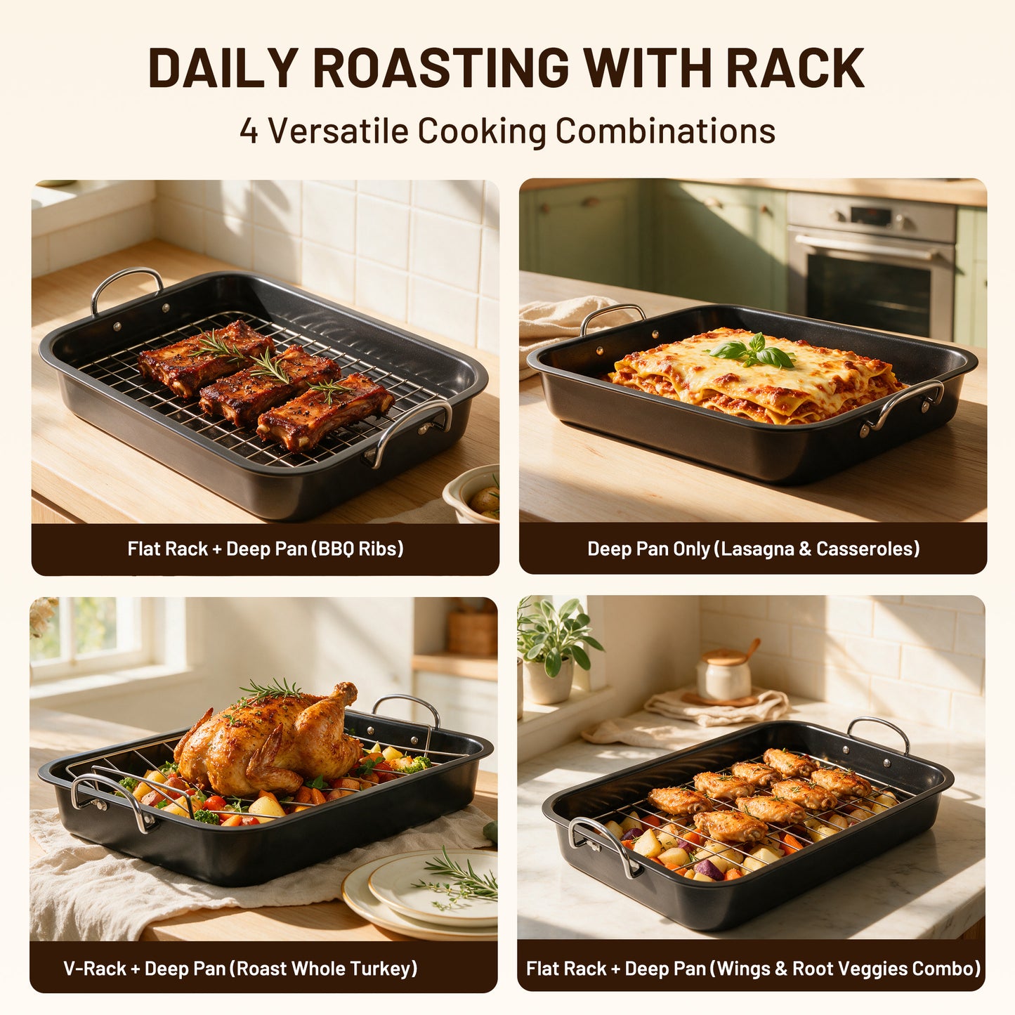 Kikcoin 3-Piece Turkey Roasting Pan Set with Racks, 15.75"x12" Nonstick Heavy Duty Baking Pan, Turkey Roaster with Handles, Black