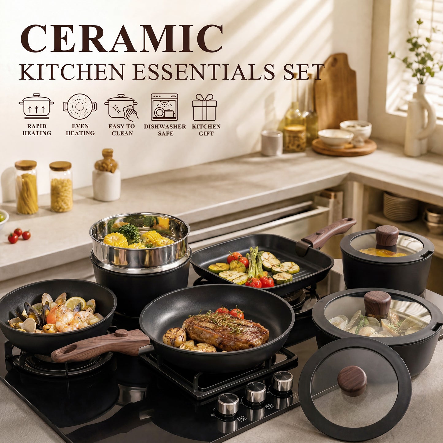 Kikcoin Pots and Pans Set, 24-Piece Ceramic Cookware Set with Detachable Handle, Stackable Pots Set for Kitchen, Induction and Dishwasher Safe, Black