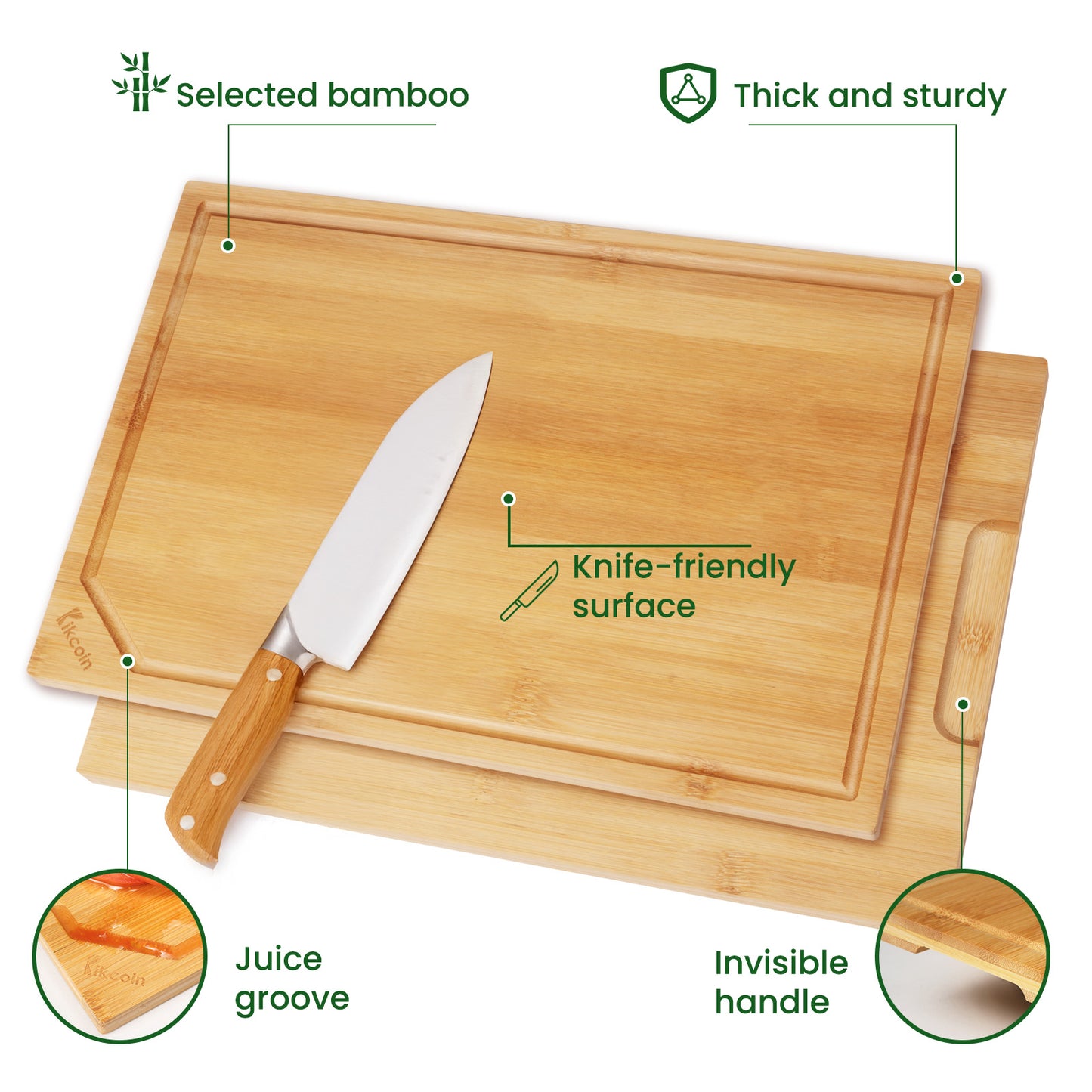Kikcoin Bamboo Cutting Board, 4 Pcs Extra Large Wood Cutting Boards for Kitchen, Deep Juice Groove Serving Tray