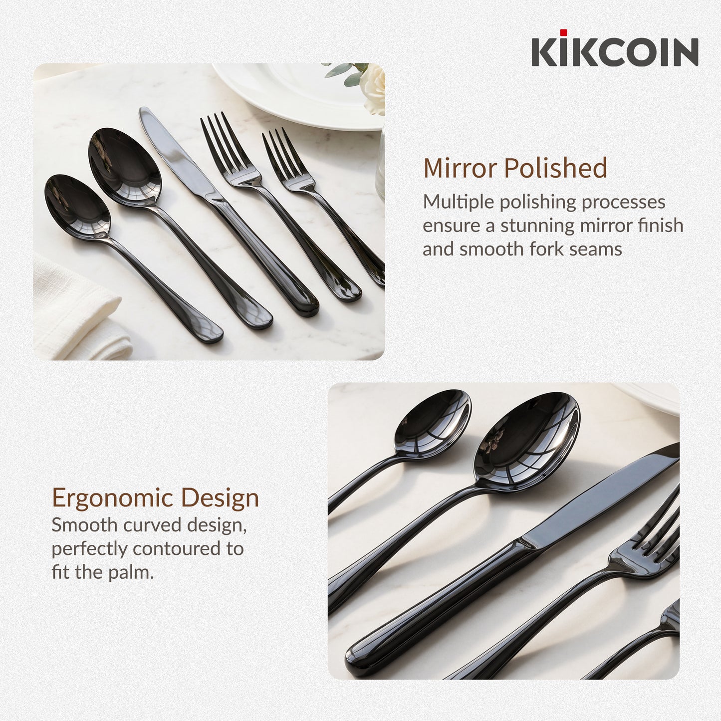 Kikcoin 42 Pcs Silverware Set for 8, Stainless Steel Flatware Set, Mirror-Polished Spoons, Forks and Knife Set, Cutlery Utensils Set for Kitchen, Wedding and Restaurant, Black