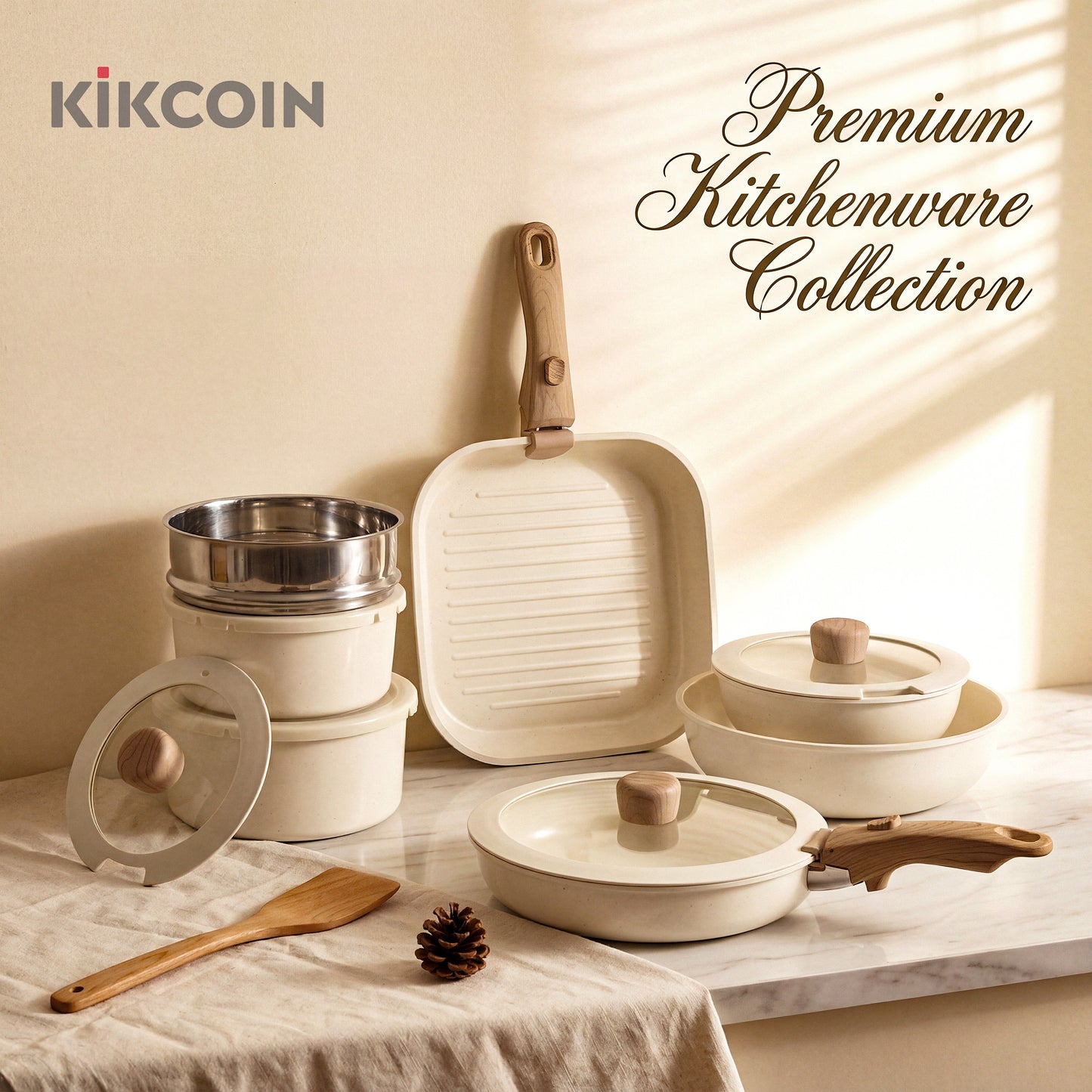Kikcoin Pots and Pans Set, 24-Piece Ceramic Cookware Set with Detachable Handle, Stackable Pots Set for Kitchen, Induction and Dishwasher Safe, Beige