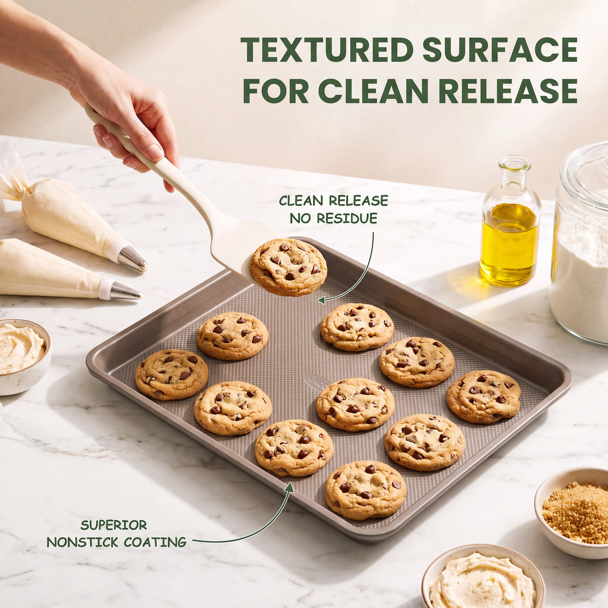 Kikcoin 3-Piece Nonstick Baking Sheets, Carbon Steel Cookie Sheet Set with Textured Surface, Heavy Duty Baking Pans for Oven, Champagne Gold