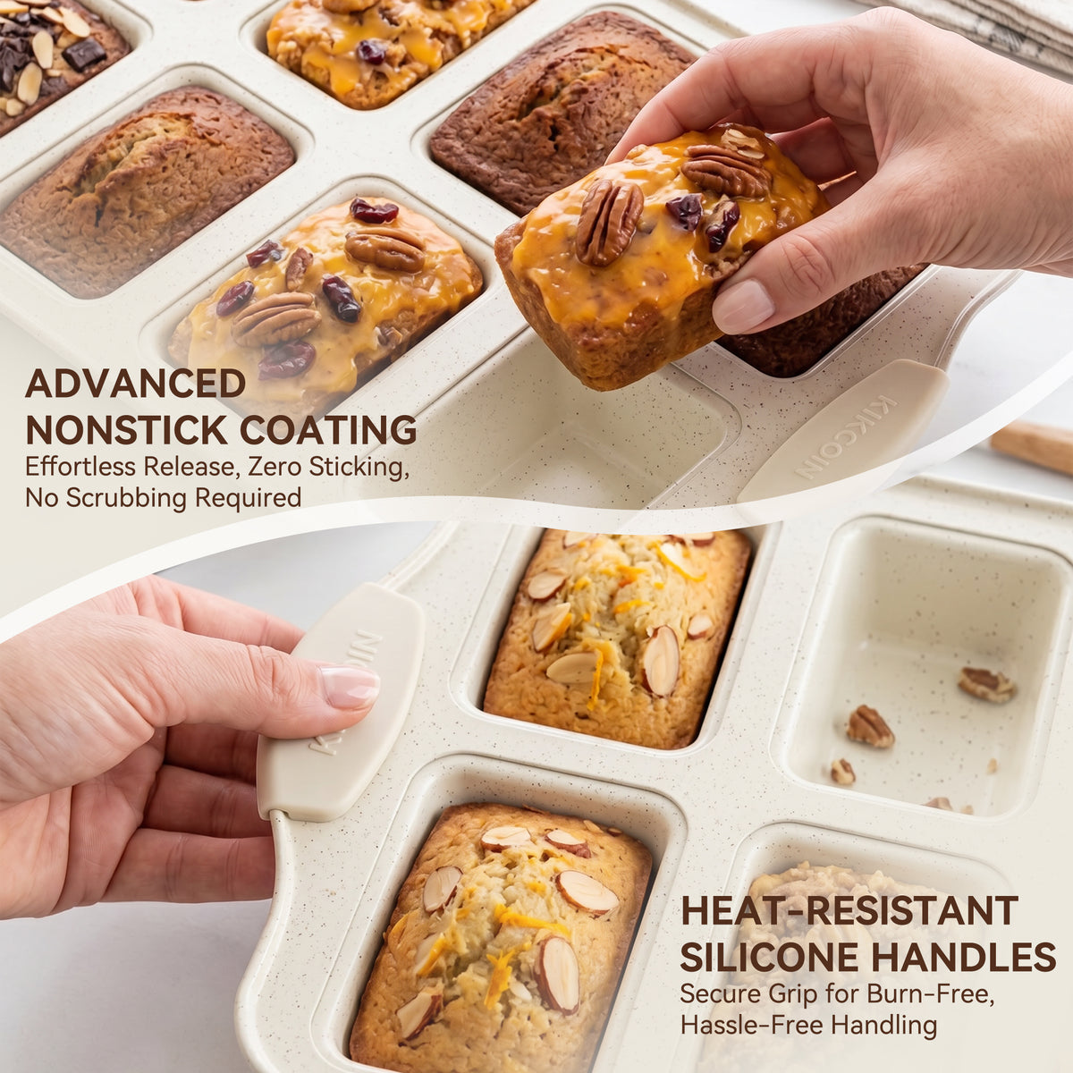 Kikcoin 2-Piece Mini Loaf Pans, 8-Cavity Non-Stick Baking Bread Molds, Oven Safe Bakeware for Cake & Pastry Making, Beige