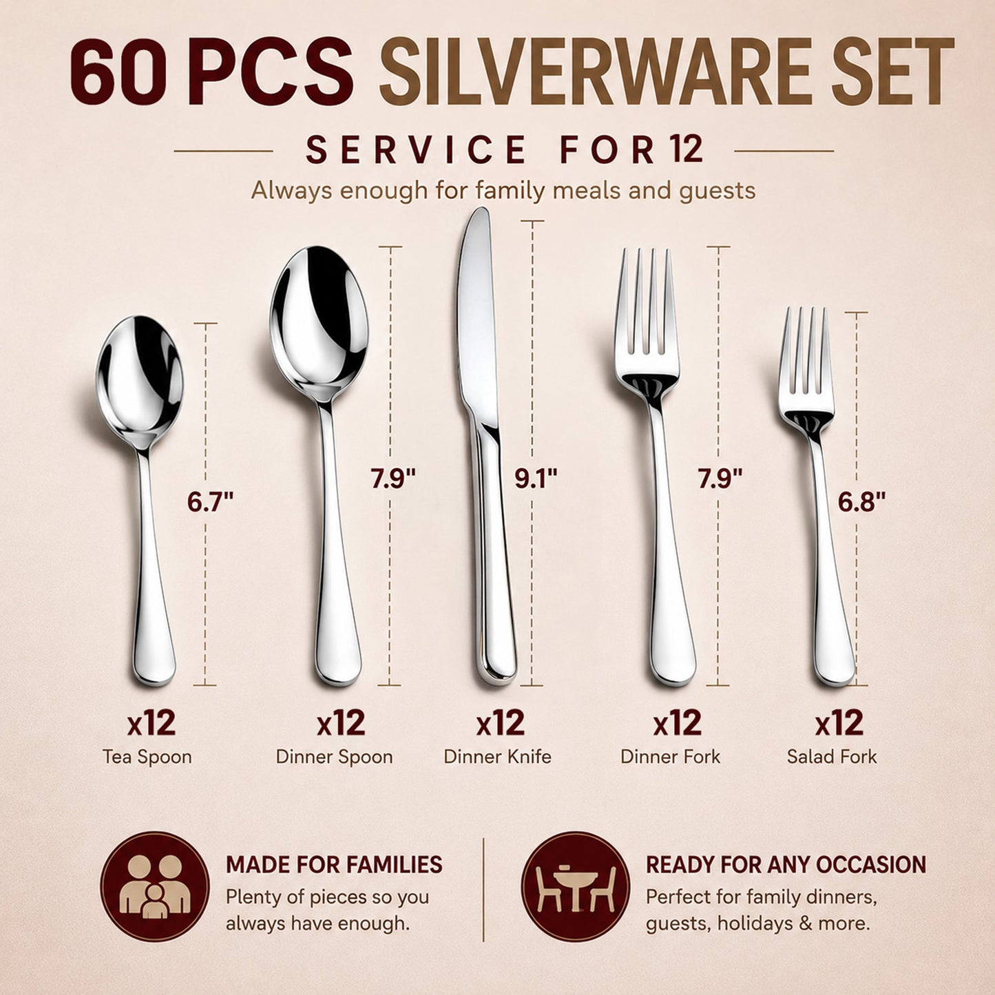 60 Pcs Silverware Set for 12, Stainless Steel Flatware Utensil Cutlery Set | Rust-Proof, Heavy Duty, Mirror Polished Knives Forks and Spoons Set, Dishwasher Safe for Kitchen Dining, Wedding Housewarming