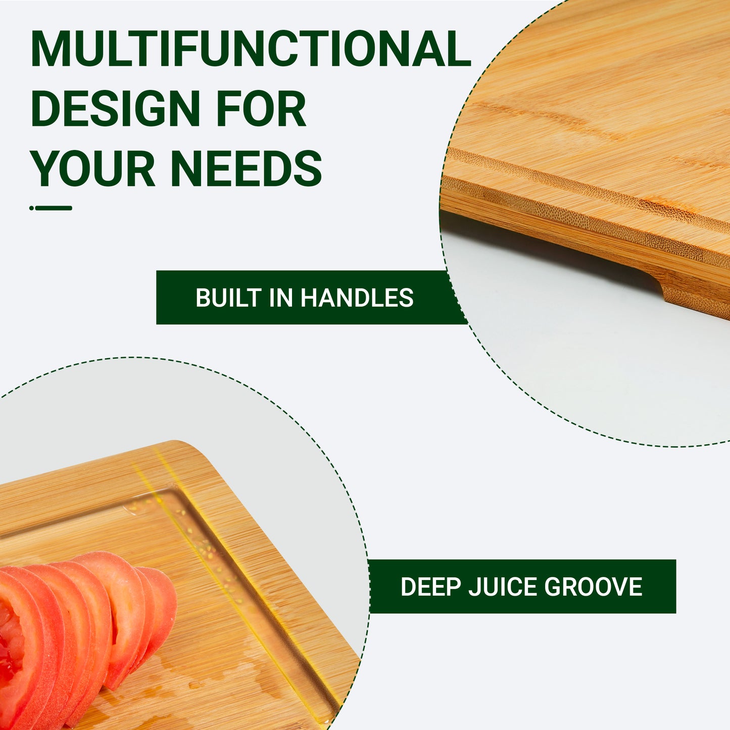 Kikcoin Bamboo Cutting Boards for Kitchen, with Deep Juice Groove and Inner Handle, 17.1" x 11.4"