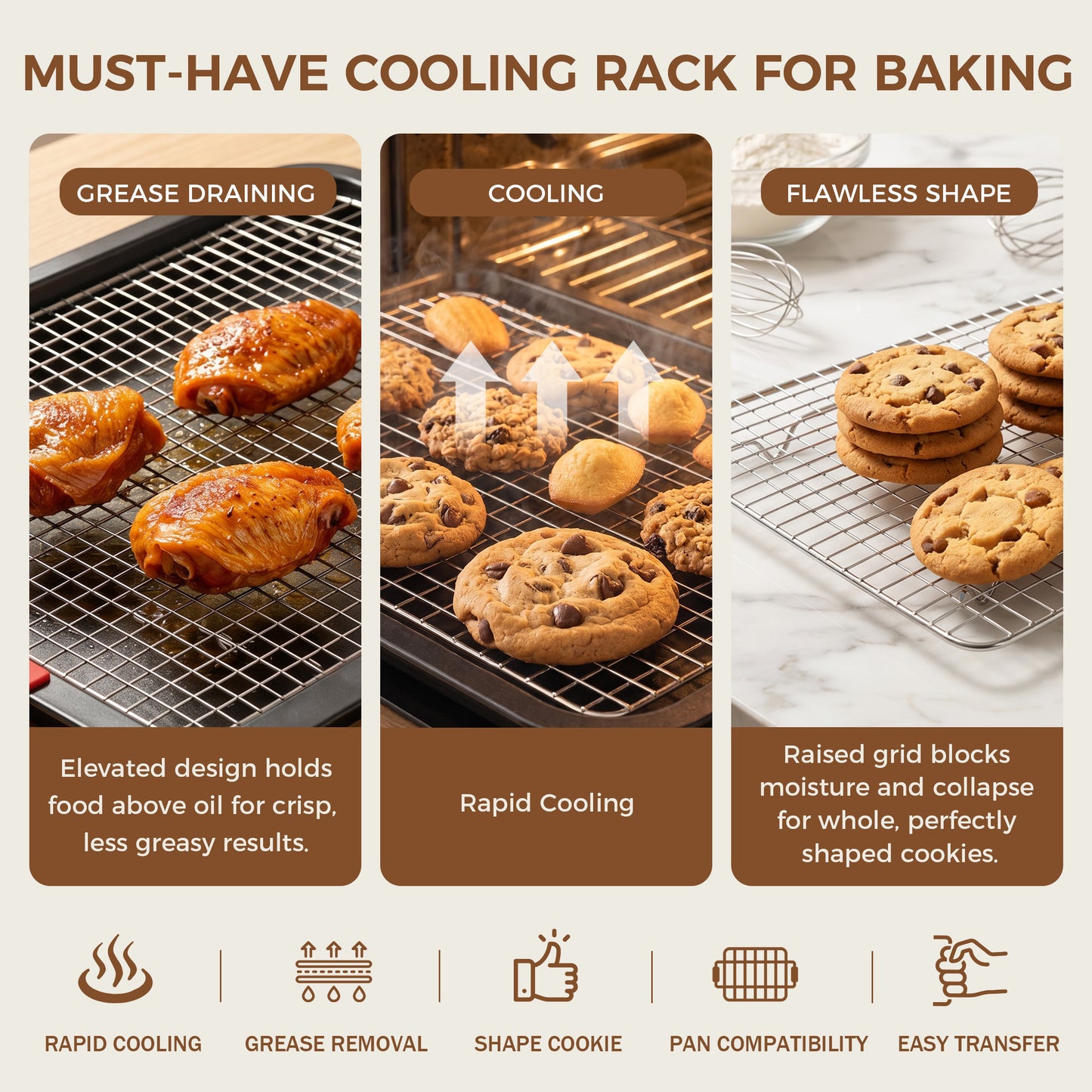 Kikcoin Cookie Sheet Pan, 4-Piece Non-stick Cupcake Pan Set with Cooling Rack, Carbon Steel Baking Set with Silicone Handles, Black