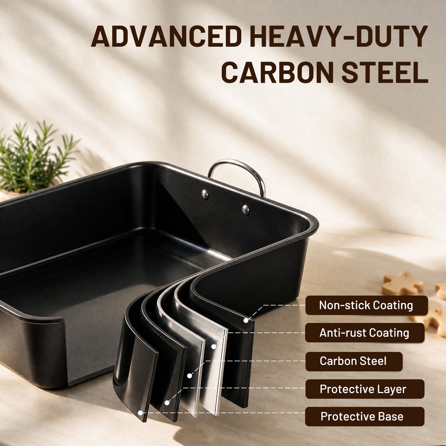 Kikcoin 3-Piece Turkey Roasting Pan Set with Racks, 15.75"x12" Nonstick Heavy Duty Baking Pan, Turkey Roaster with Handles, Black