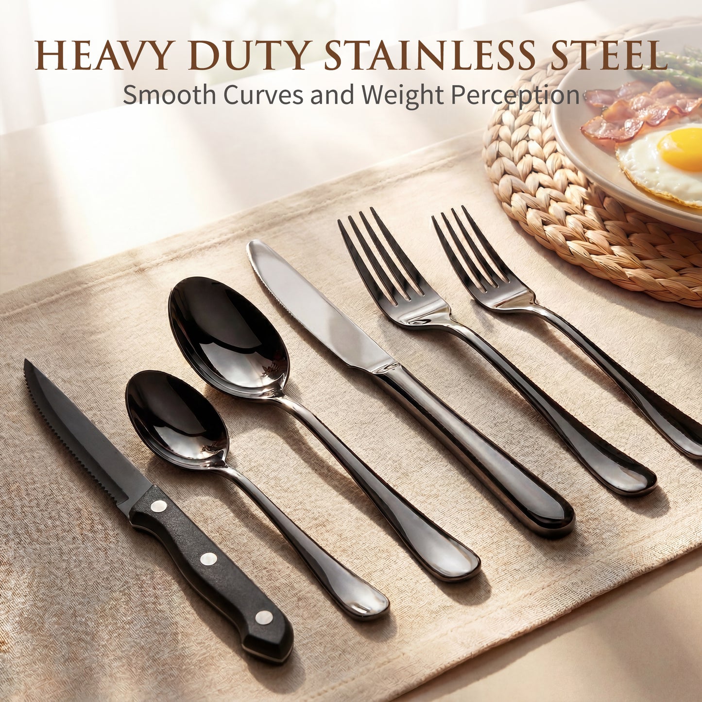 Kikcoin 50 Pcs Silverware Set for 8, Stainless Steel Flatware Set, Mirror-Polished Fork Knife Set, Cutlery Utensils Set for Kitchen, Steak Knife Included, Black
