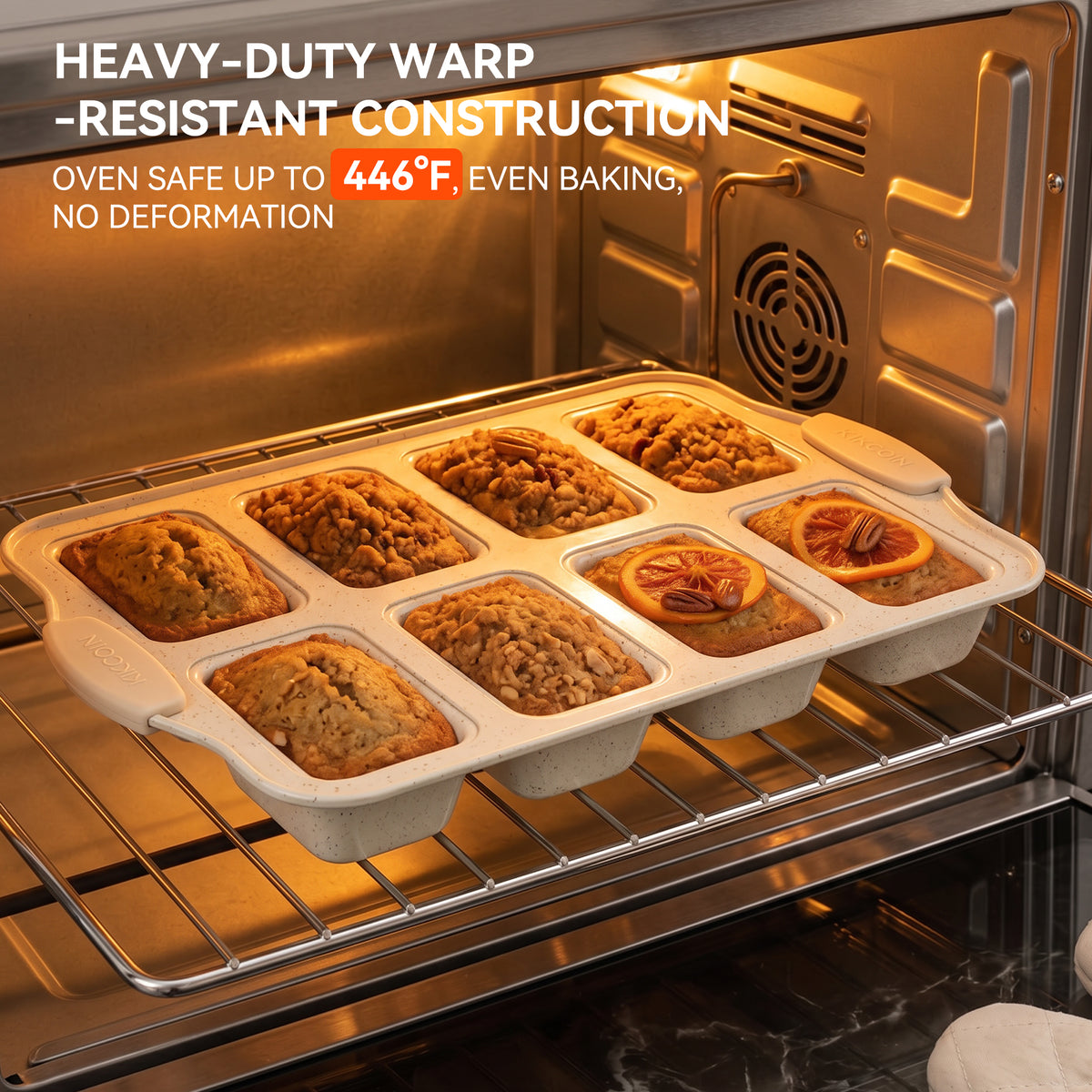Kikcoin 2-Piece Mini Loaf Pans, 8-Cavity Non-Stick Baking Bread Molds, Oven Safe Bakeware for Cake & Pastry Making, Beige