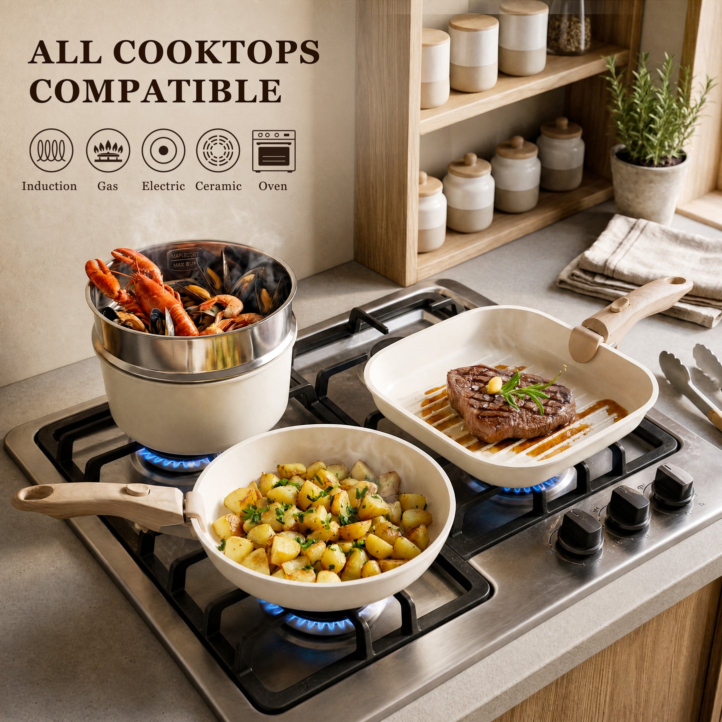 Kikcoin Pots and Pans Set, 24-Piece Ceramic Cookware Set with Detachable Handle, Stackable Pots Set for Kitchen, Induction and Dishwasher Safe, Beige