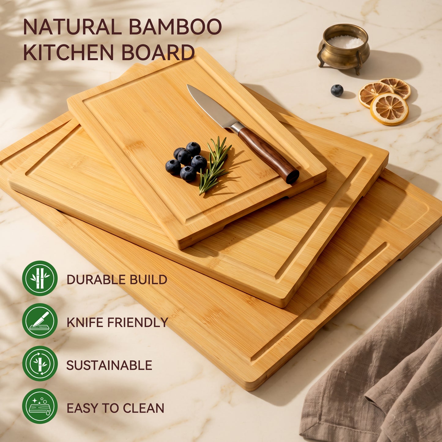 Kikcoin Cutting Board, 4-Piece Bamboo Wood Chopping Boards with Rack, Wooden Charcuterie Board for Kitchen