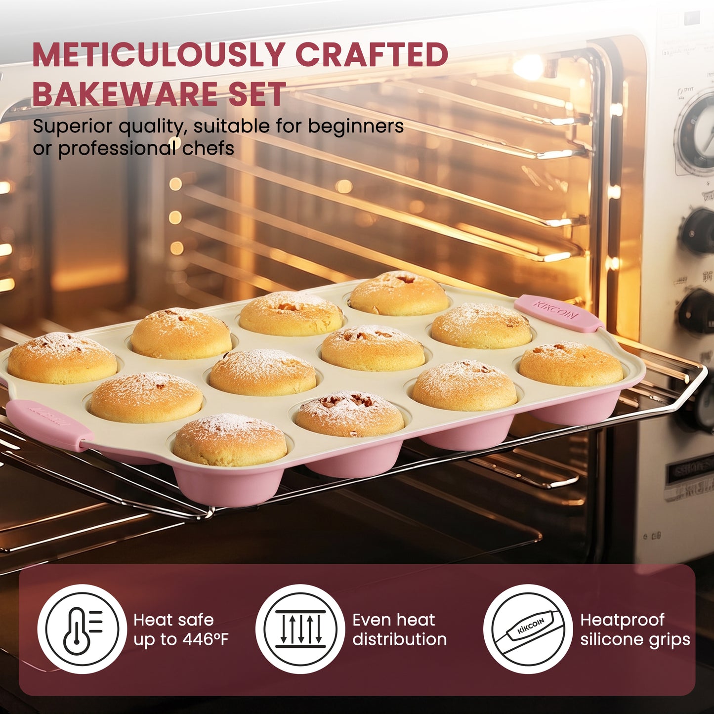 Kikcoin Bakeware Set, 23-Piece Baking Pans Set Kitchen Carbon Steel Baking Sheet Pans with Silicone Handles, Cookie Sheets Nonstick(Pink)