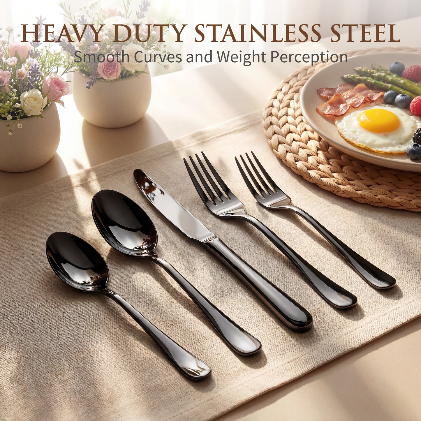 Kikcoin 42 Pcs Silverware Set for 8, Stainless Steel Flatware Set, Mirror-Polished Spoons, Forks and Knife Set, Cutlery Utensils Set for Kitchen, Wedding and Restaurant, Black