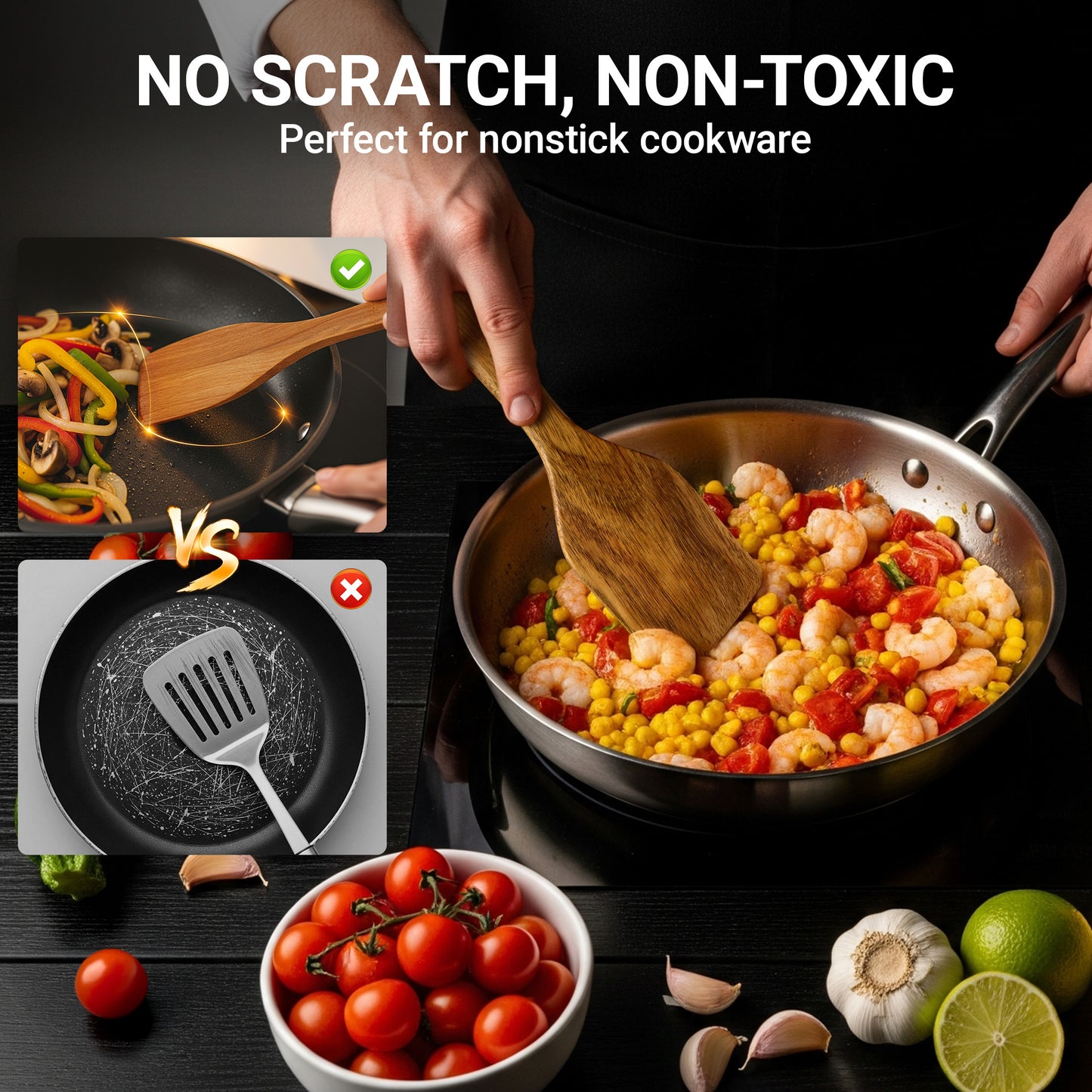 Kikcoin Wooden Cooking Utensil Set, 12 Pcs Acacia Wood Spoons for Cooking, Kitchen Utensils Set for Nonstick Pots, 6 Hooks Included, Heat Resistant