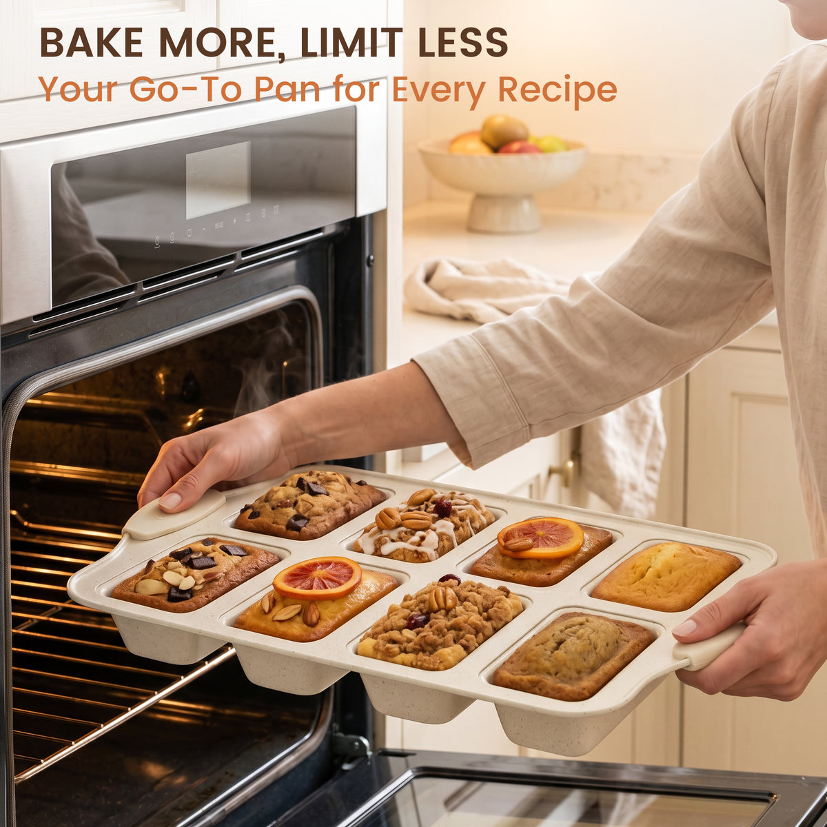Kikcoin 2-Piece Mini Loaf Pans, 8-Cavity Non-Stick Baking Bread Molds, Oven Safe Bakeware for Cake & Pastry Making, Beige